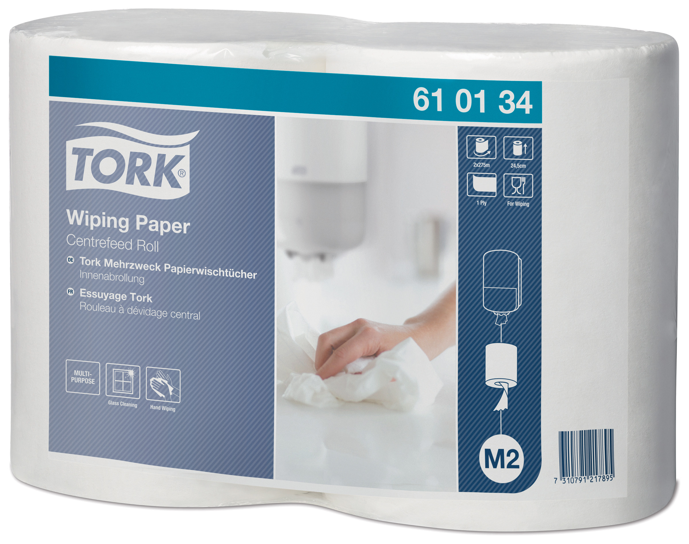 Tork Papier d'essuyage M2 blanc à dévidage central - 600134 - Lot 2 bobines de 275 m