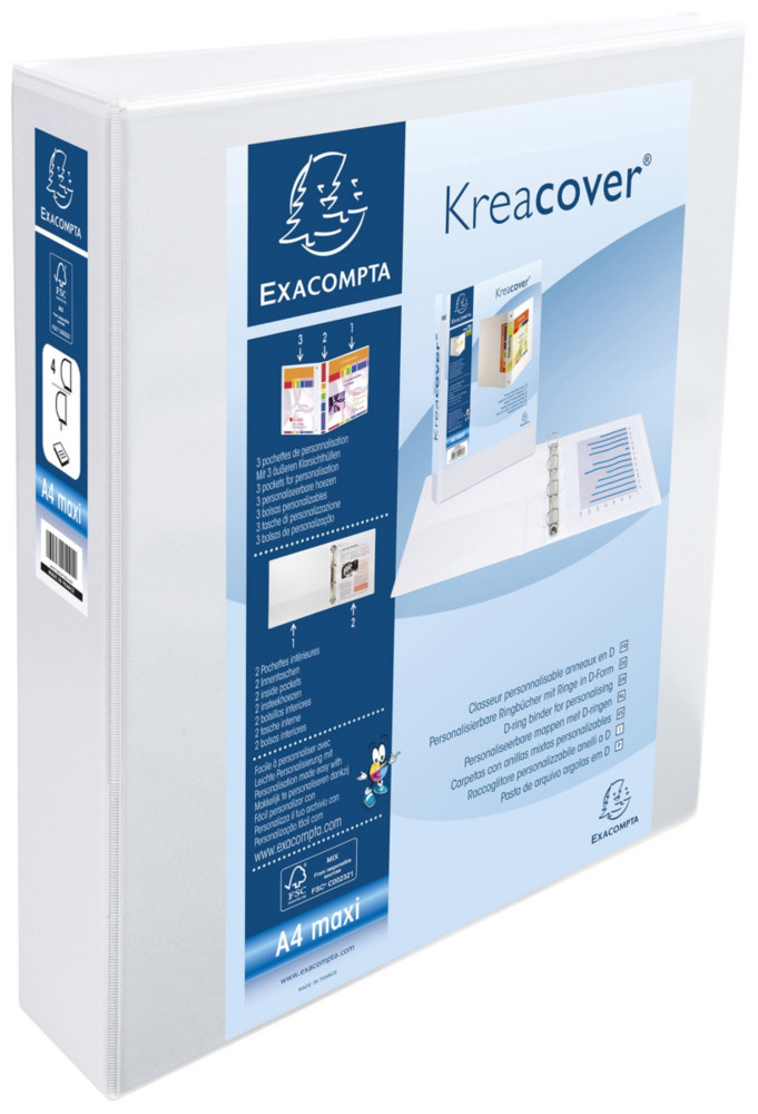 Exacompta Classeur  anneaux personnalisable 3 faces plastifi Kreacover 4anneaux enD 50mm - A4 maxi  Dos 7,5 cm Capacit 460feuilles blanc