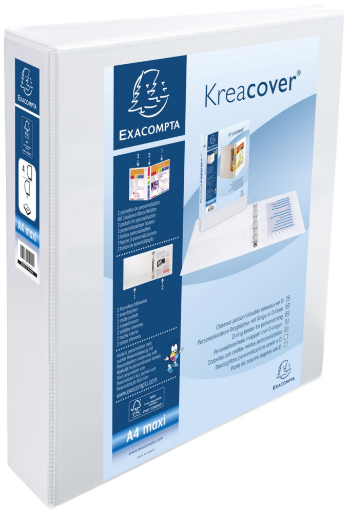 Exacompta Classeur  anneaux personnalisable 3 faces plastifi Kreacover 4anneaux enD 40mm - A4 maxi  Dos 6,4 cm Capacit 370feuilles blanc