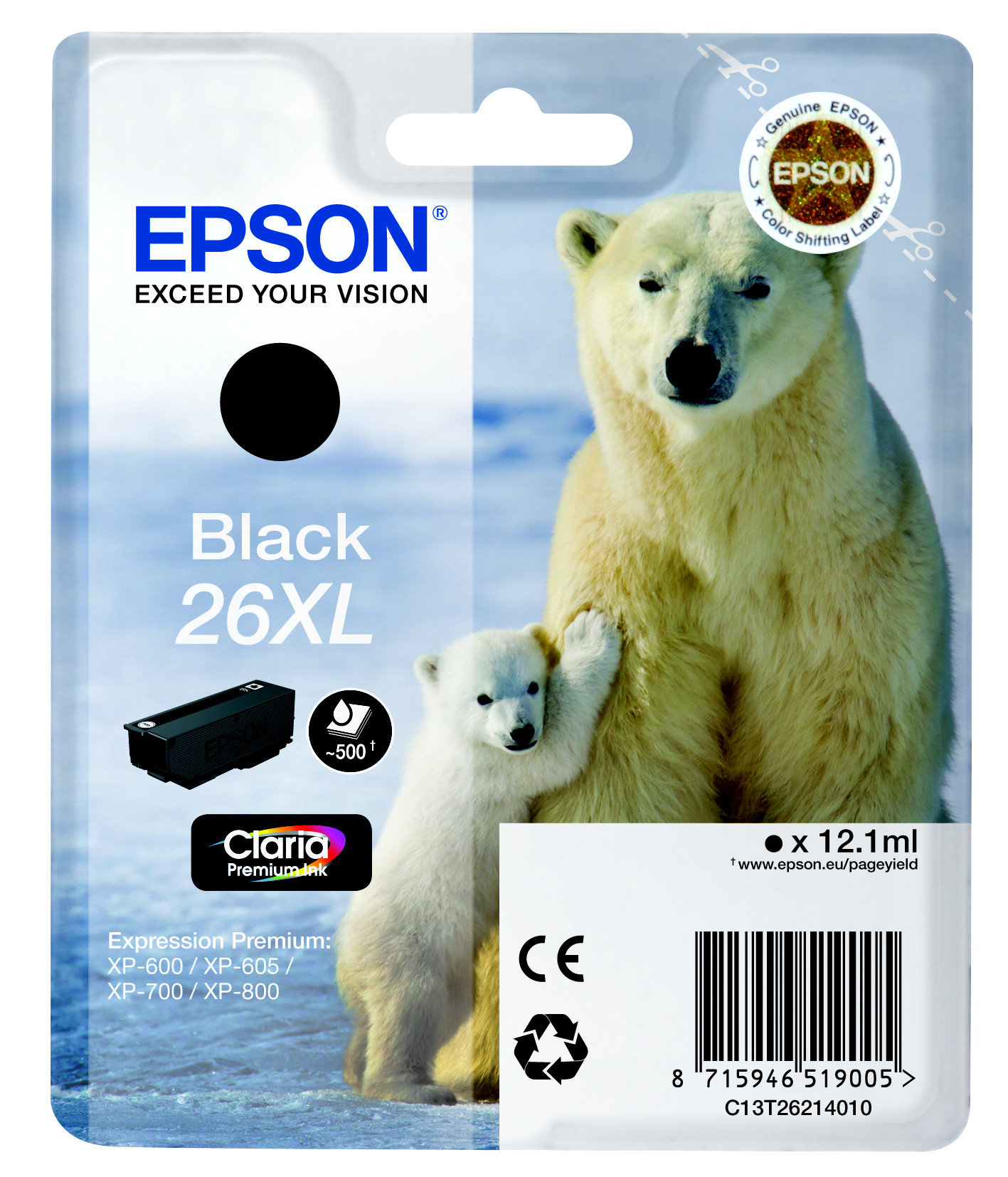 Epson 26 XL ''Ours Polaire'' Cartouche d'encre originale grande capacité Claria Premium C13T26214012 - Noir