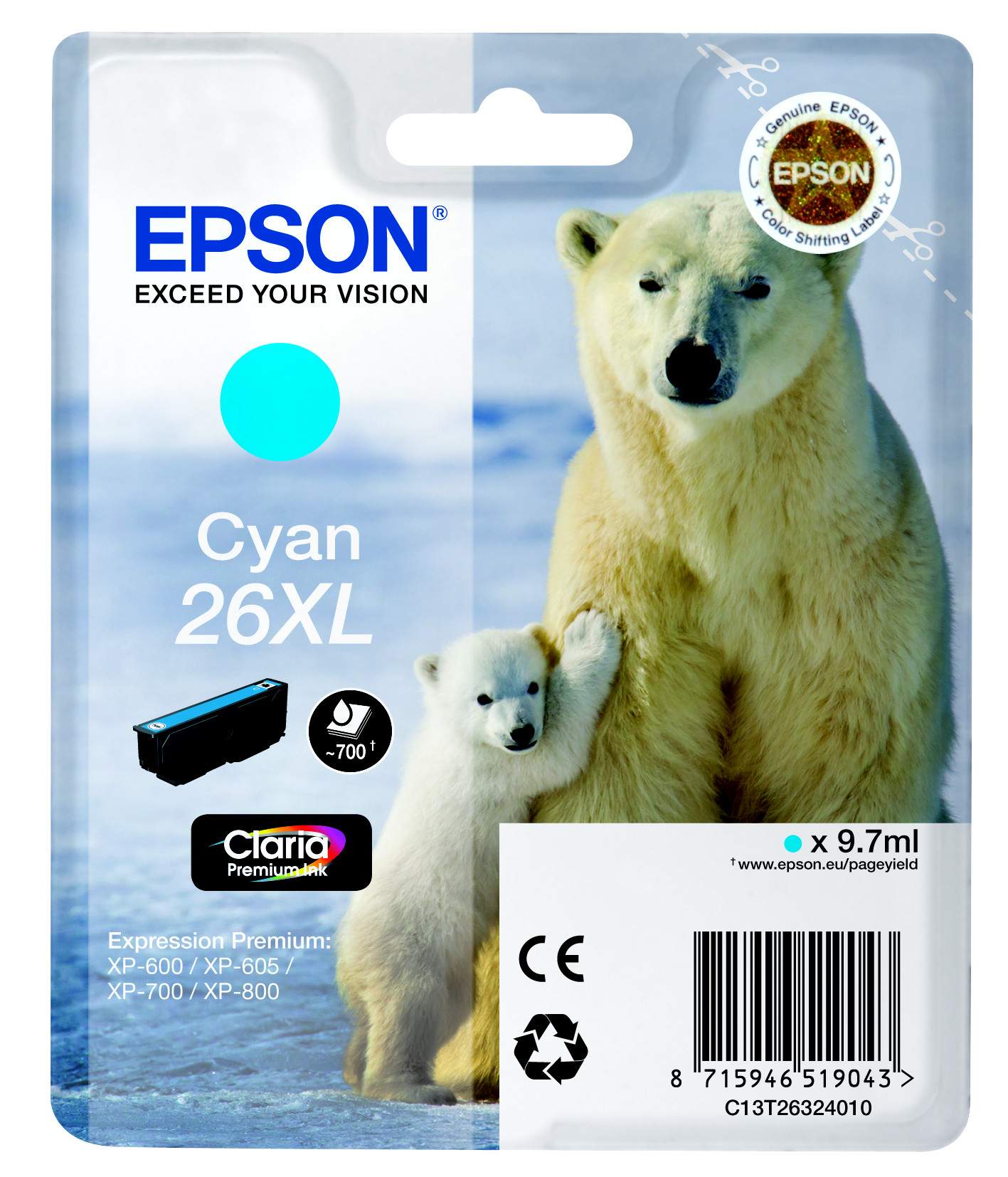 Epson 26 XL ''Ours Polaire'' Cartouche d'encre originale grande capacité Claria Premium C13T26324012 - Cyan