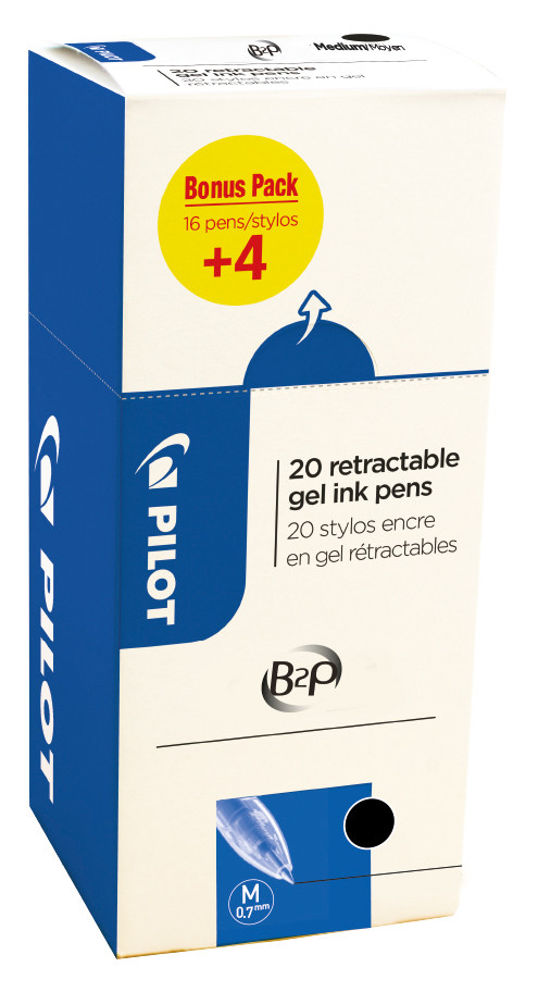 Pilot Eco pack stylos bille rtractables, B2P Begreen, pointe moyenne, avec zone de prhension, corps en plastique bleu, encre noire