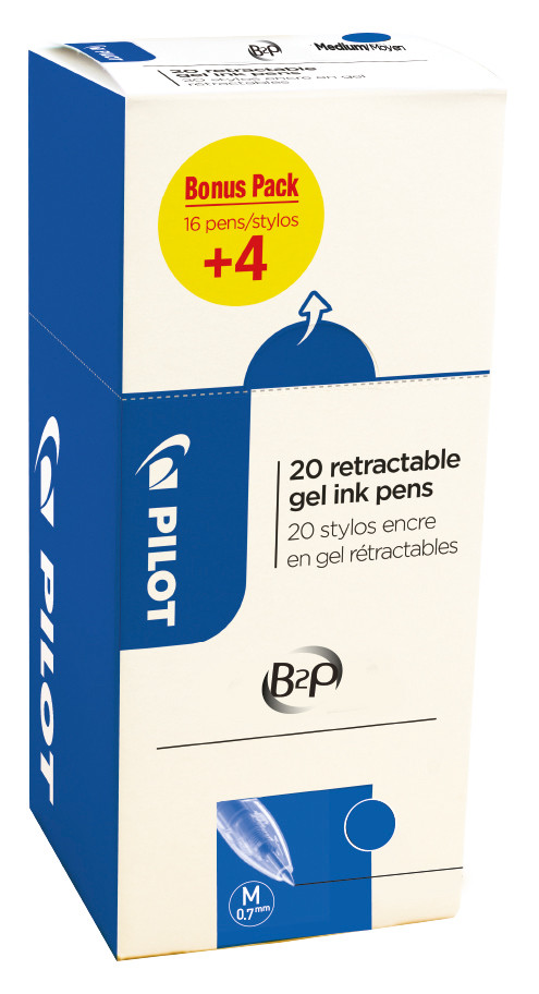 Pilot Eco pack stylos bille rétractables, B2P Begreen, pointe moyenne, avec zone de préhension, corps en plastique bleu, encre bleue