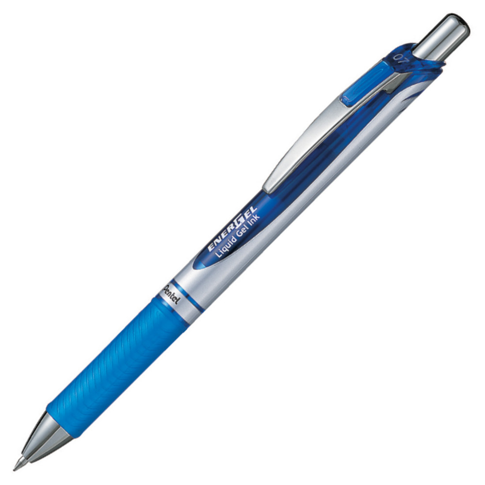 Pentel Stylo roller rtractable EnerGel BL77, pointe moyenne (0,7mm), avec zone de prhension, corps chrom, encre bleue