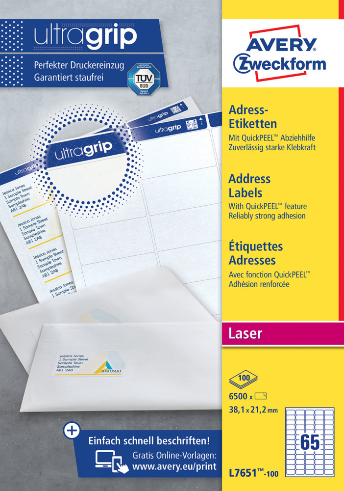 Avery L7651 Mini tiquettes adresses blanches laser 38,1x21,2mm - Bote de 6500