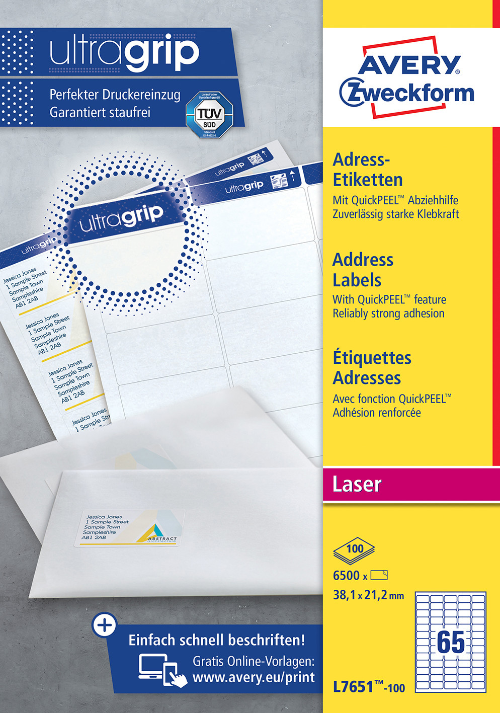 Avery L7651 Mini étiquettes adresses blanches laser 38,1 x 21,2 mm - Boîte de 6500