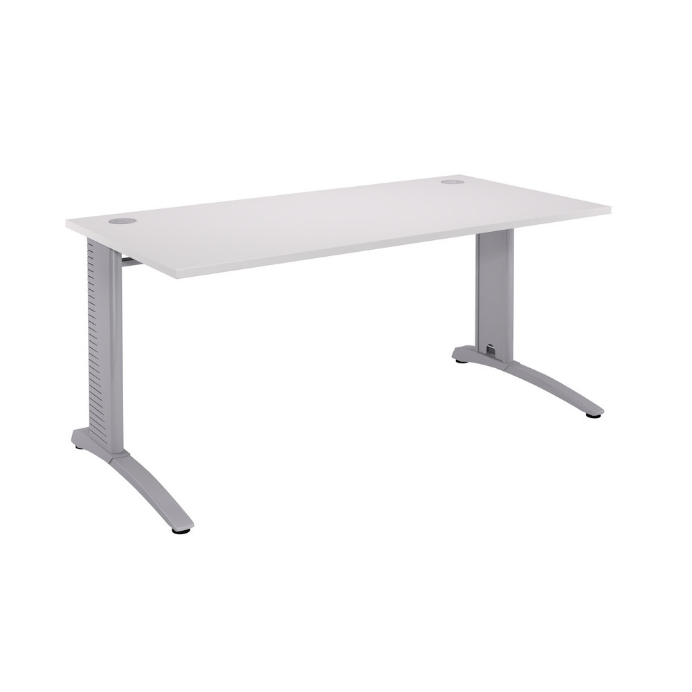 Bureau droit Biospace - L.140 x P.80 cm - Plateau Blanc - Pieds Aluminium - Embases Aluminium