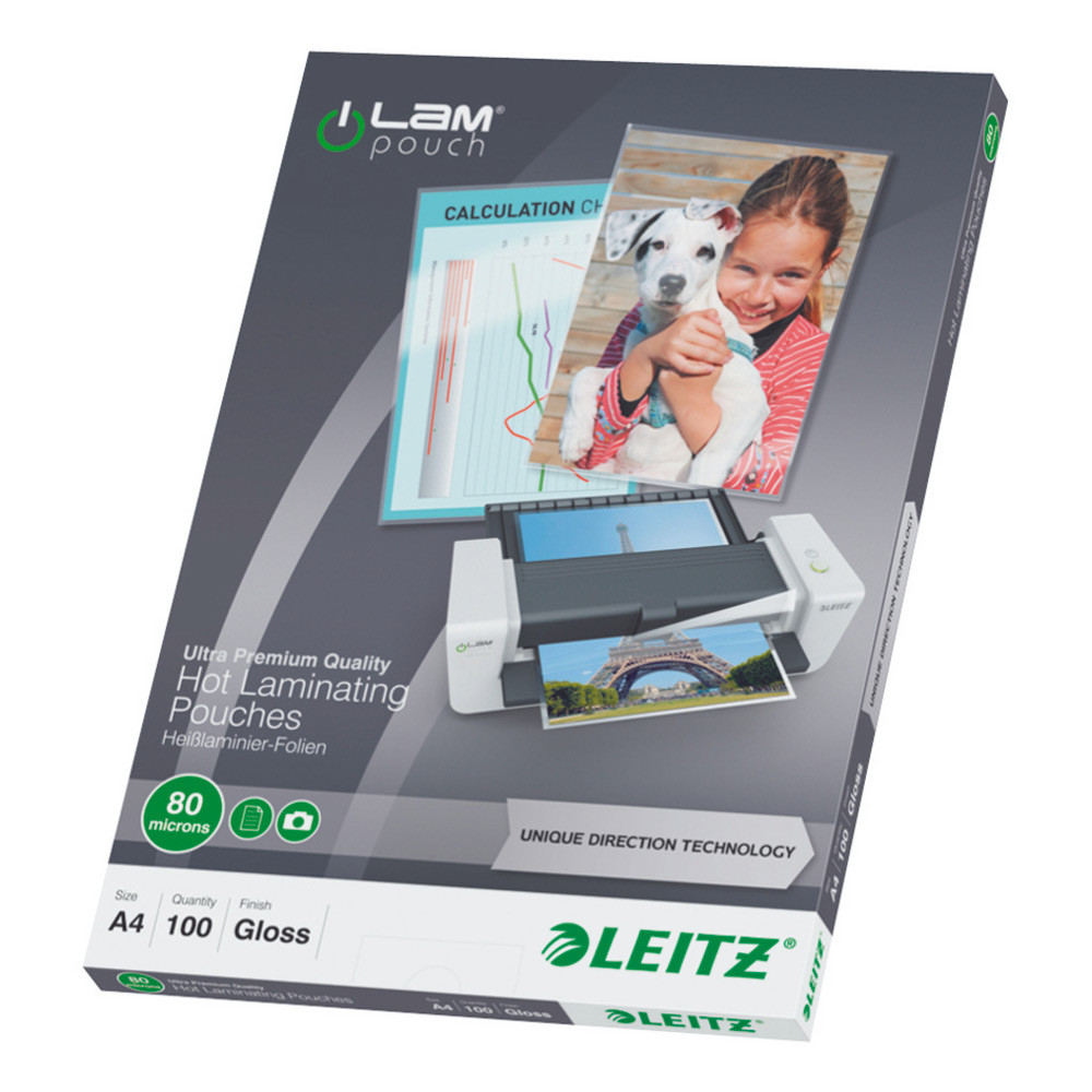 Leitz Pochettes de plastification A4 - UDT - Transparente - Épaisseur : 80 microns par face - Boîte de 100