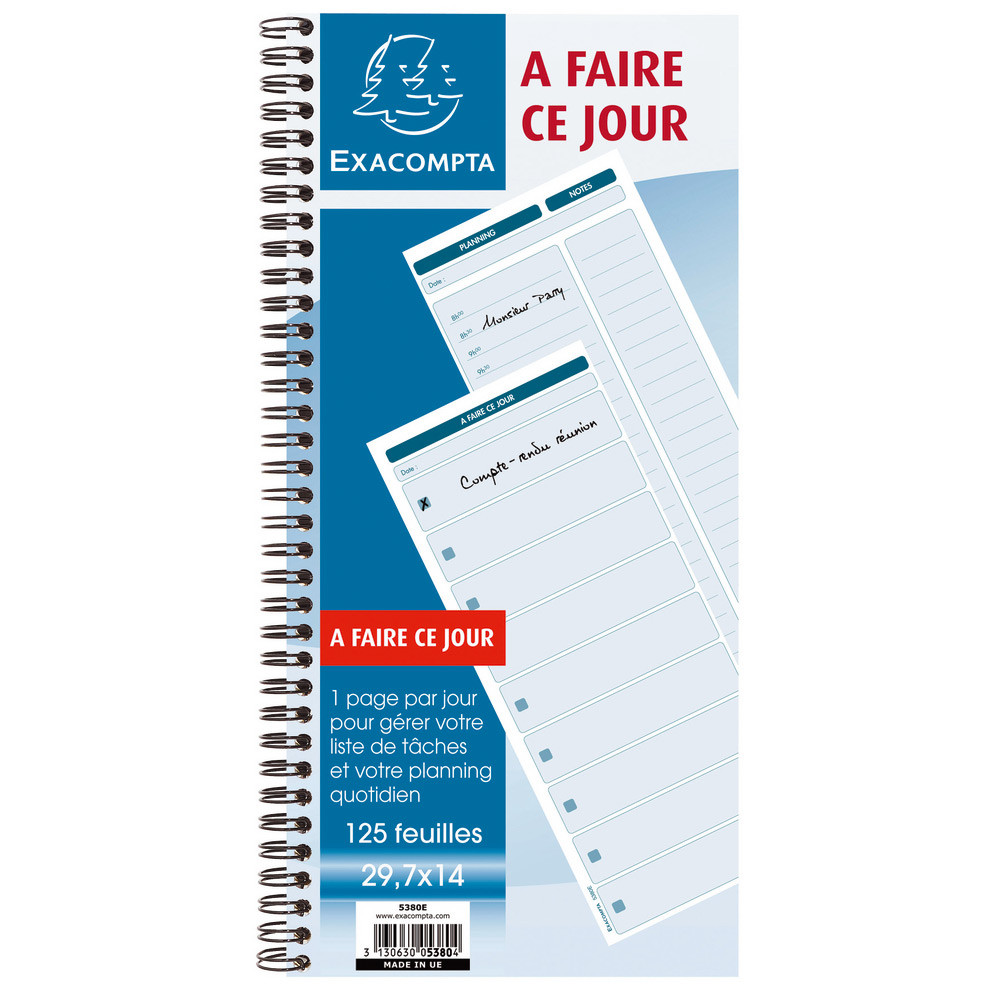 Exacompta Carnet message A FAIRE CE JOUR spiralé 125 feuilles 297 x 140 mm