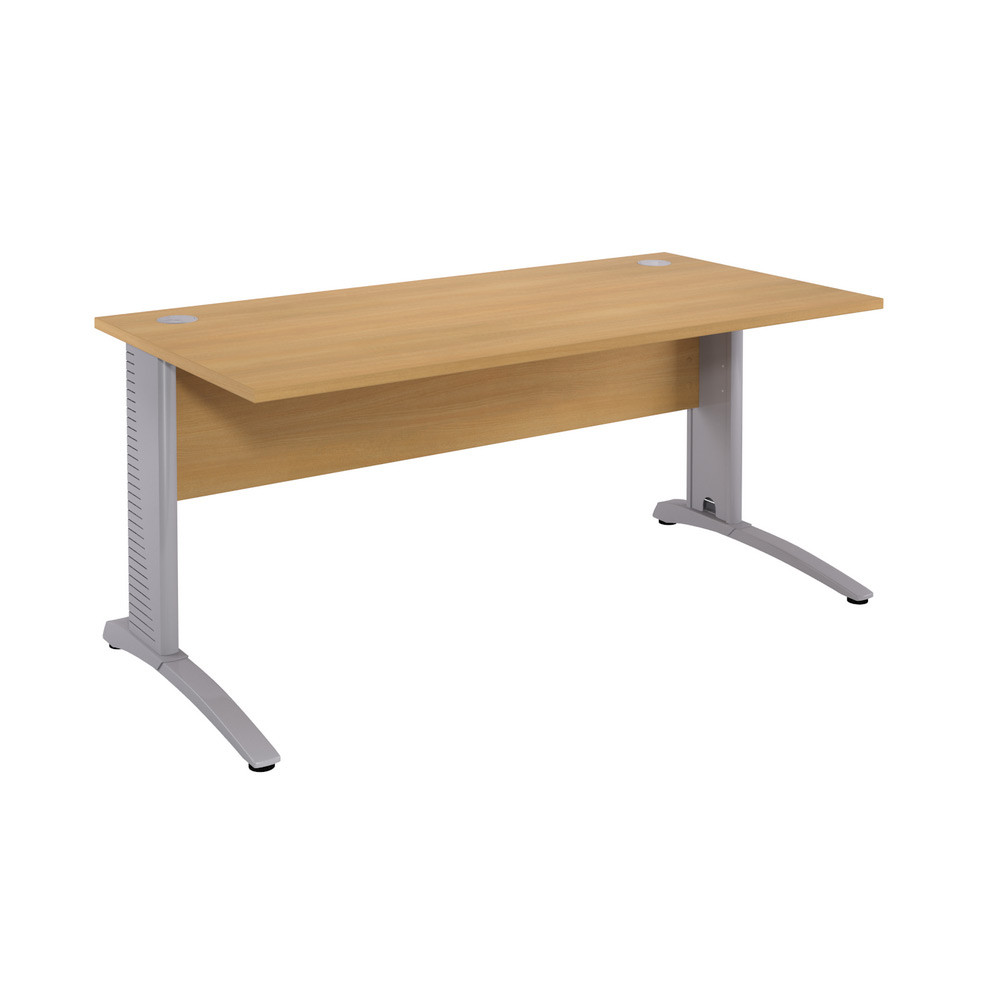 Bureau droit Biospace avec voile de fond - L.120 x P.80 cm - Plateau Hêtre - Pieds Aluminium - Embases Aluminium