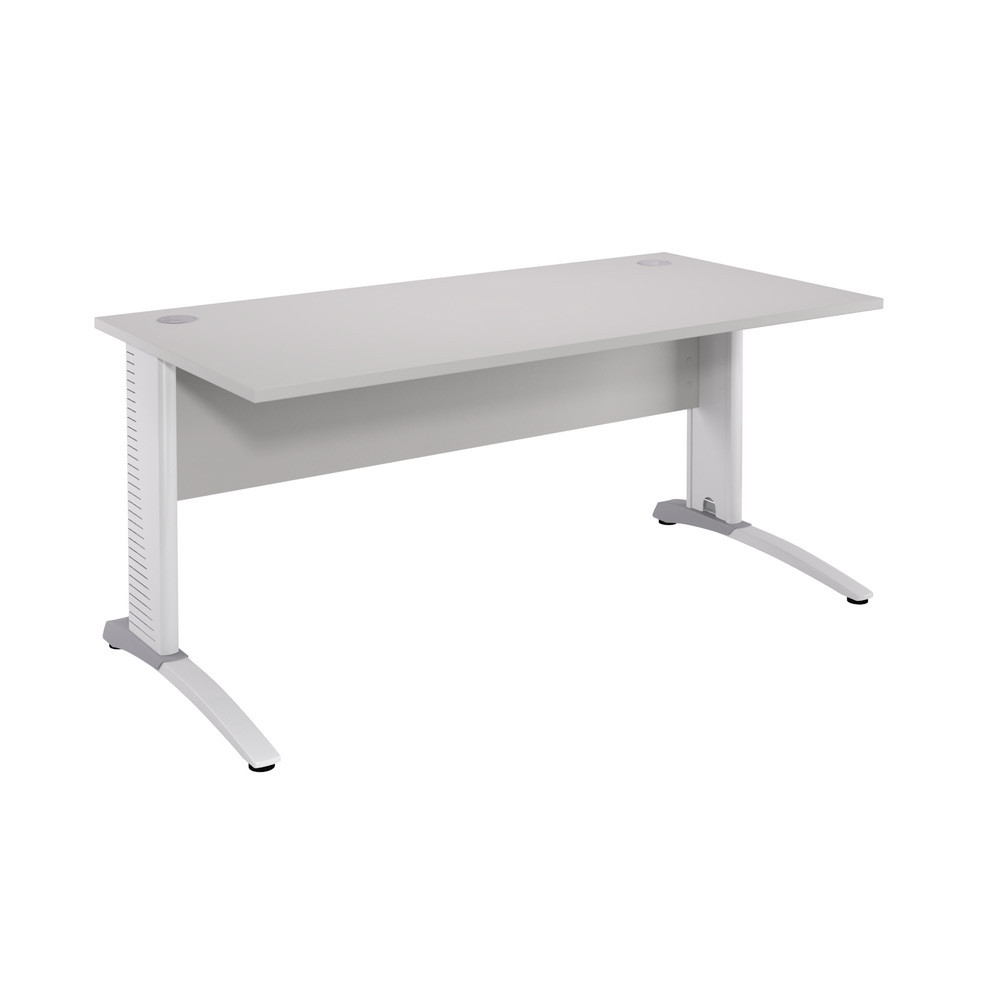 Bureau droit Biospace avec voile de fond - L.120 x P.80 cm - Plateau Gris - Pieds Blanc - Embases Aluminium
