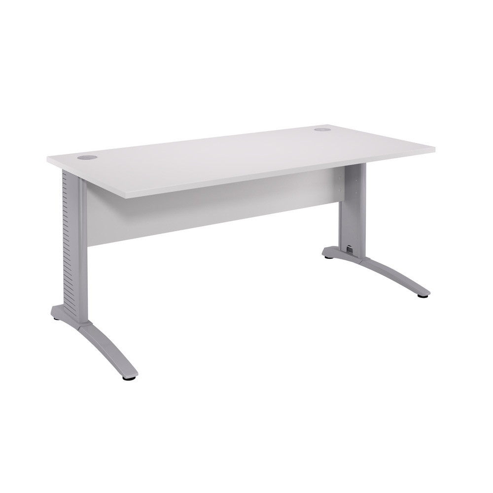 Bureau droit Biospace avec voile de fond - L.140 x P.80 cm - Plateau Blanc - Pieds Aluminium - Embases Aluminium