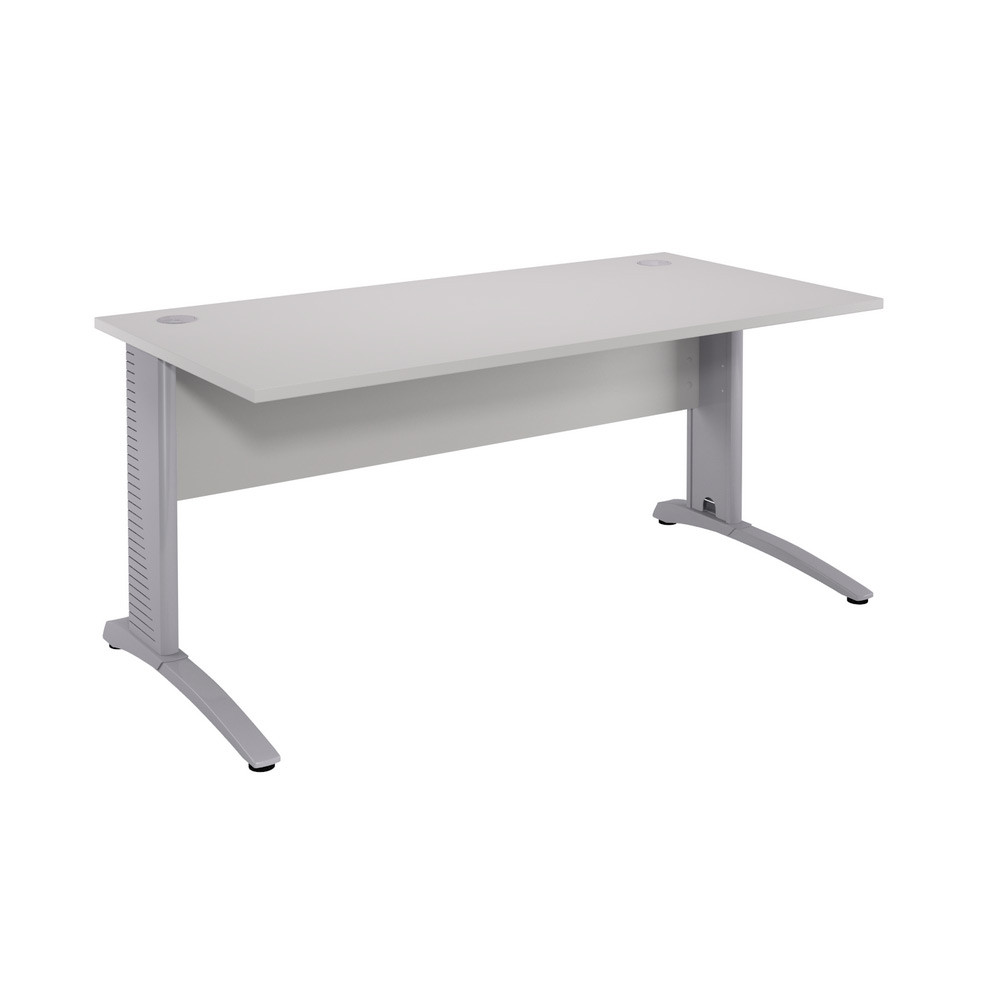 Bureau droit Biospace avec voile de fond - L.160 x P.80 cm - Plateau Gris - Pieds Aluminium - Embases Aluminium