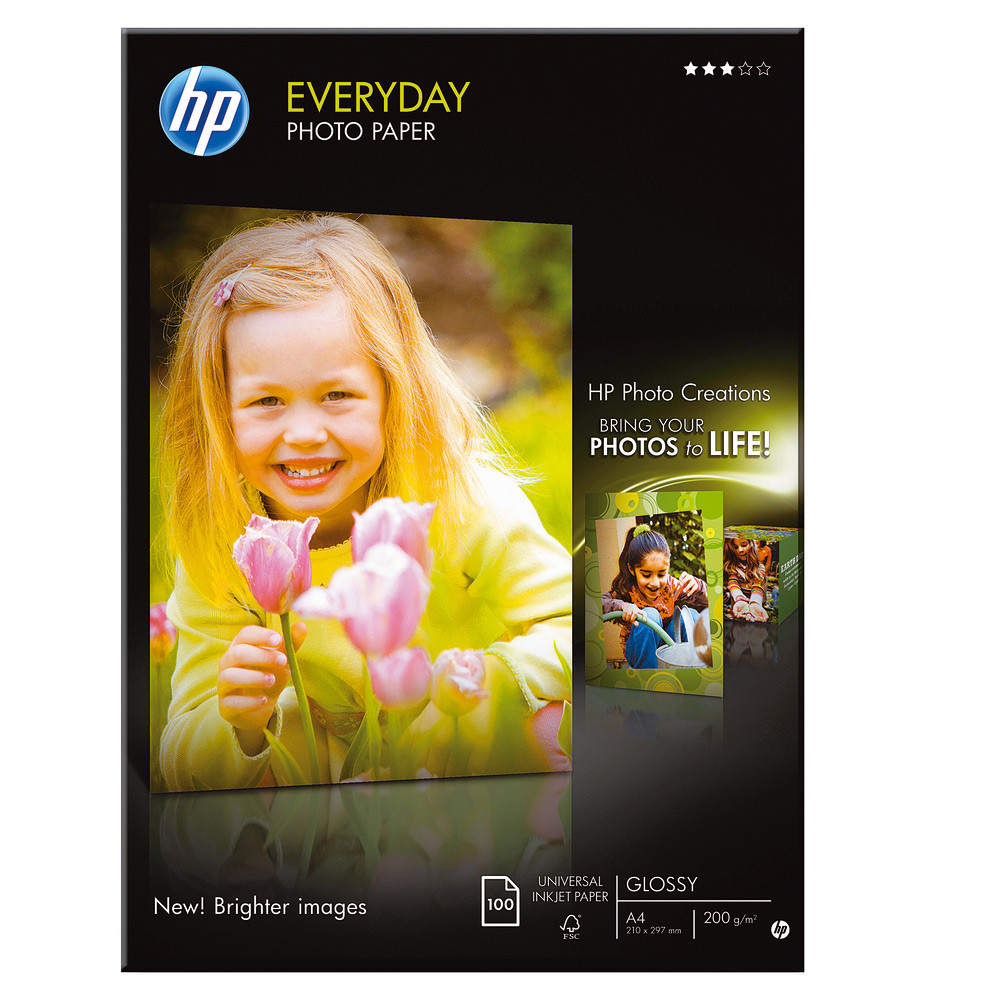 HP Papier photo brillant A4 blanc 200g Everyday pour Jet d'encre - Bote de 100 feuilles