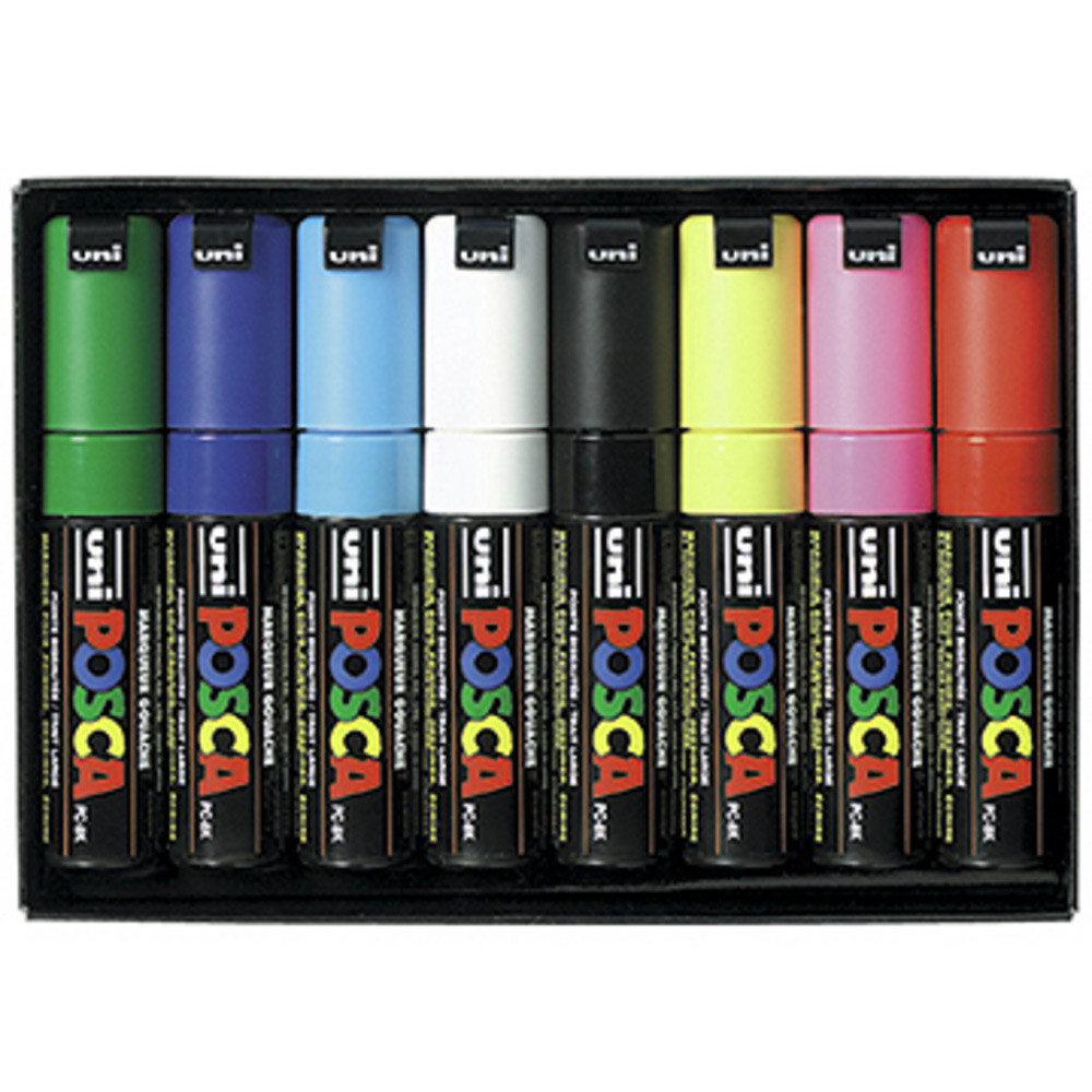 Uni Posca PC-8K8 Marqueur peinture Pointe Biseaute 8 mm - Pochette de 8 coloris Assortis