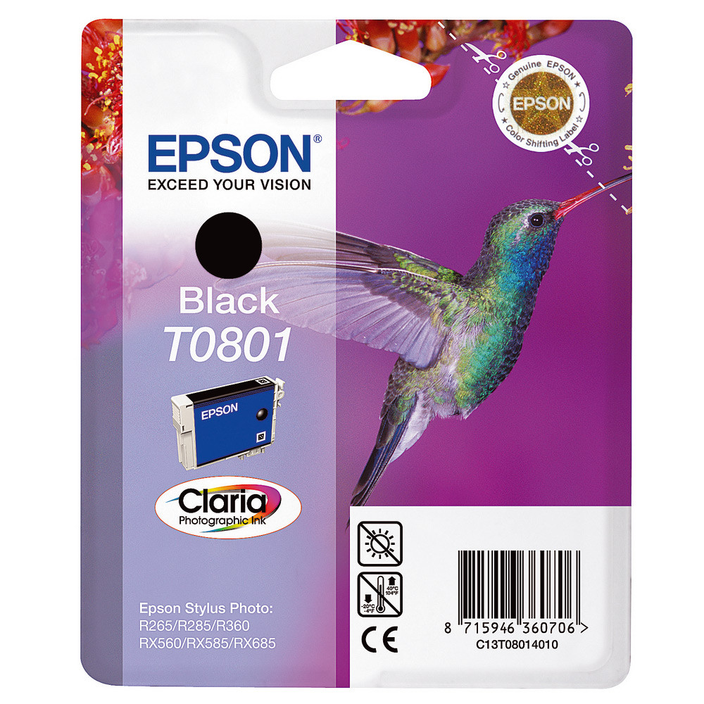 Epson T0801 ''Colibri'' Cartouche d'encre originale Claria C13T08014011 - Noir