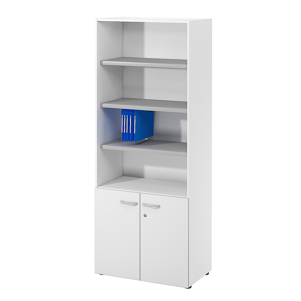 Bibliothque haute 2 portes basses L.80 x P.48 x H.201 cm - Corps Blanc - Top Blanc