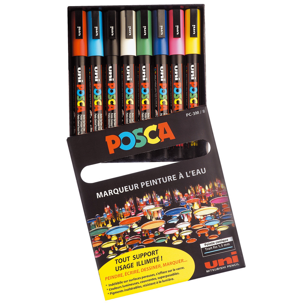 Uni Posca PC-3M8 Marqueur peinture Pointe fine conique 1,5mm - Pochette de 8 coloris Assortis