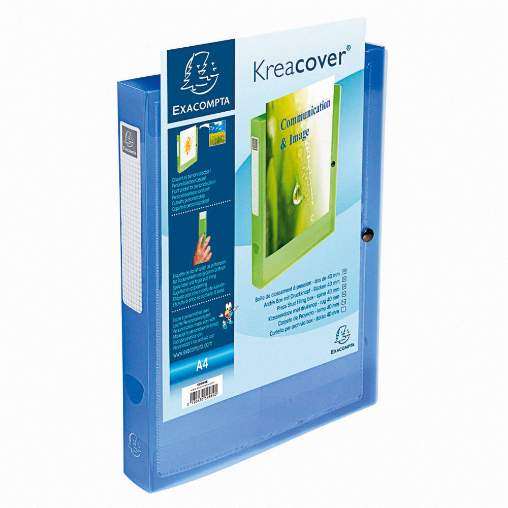Exacompta Bote de classementA4 Kreacover Fermeture pression - Polypropylne chromaline 7/10E - Dos 4 cm - Bleu