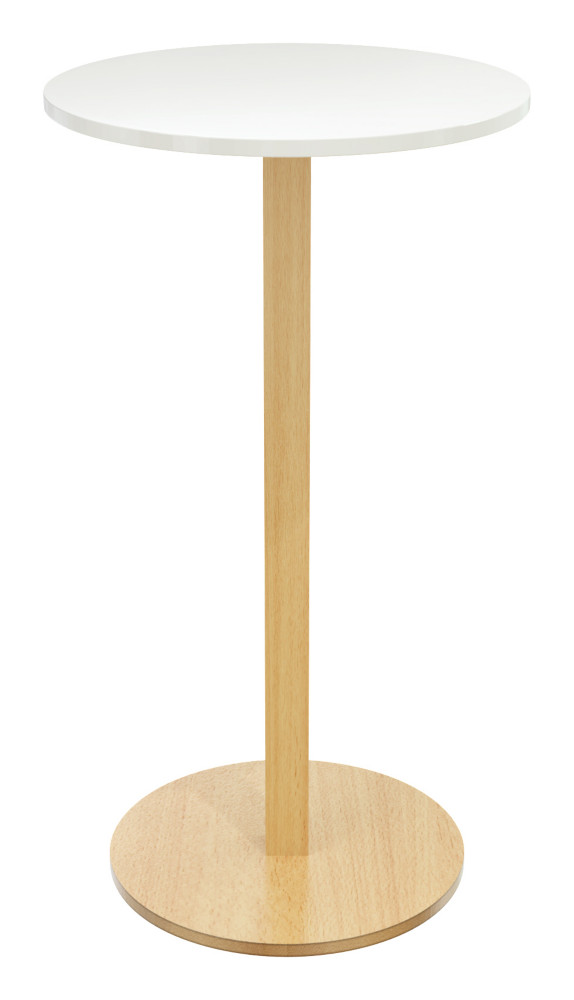Paperflow Table Mange Debout Woody - Diamtre 60 cm - Plateau blanc, pied bois massif vernis