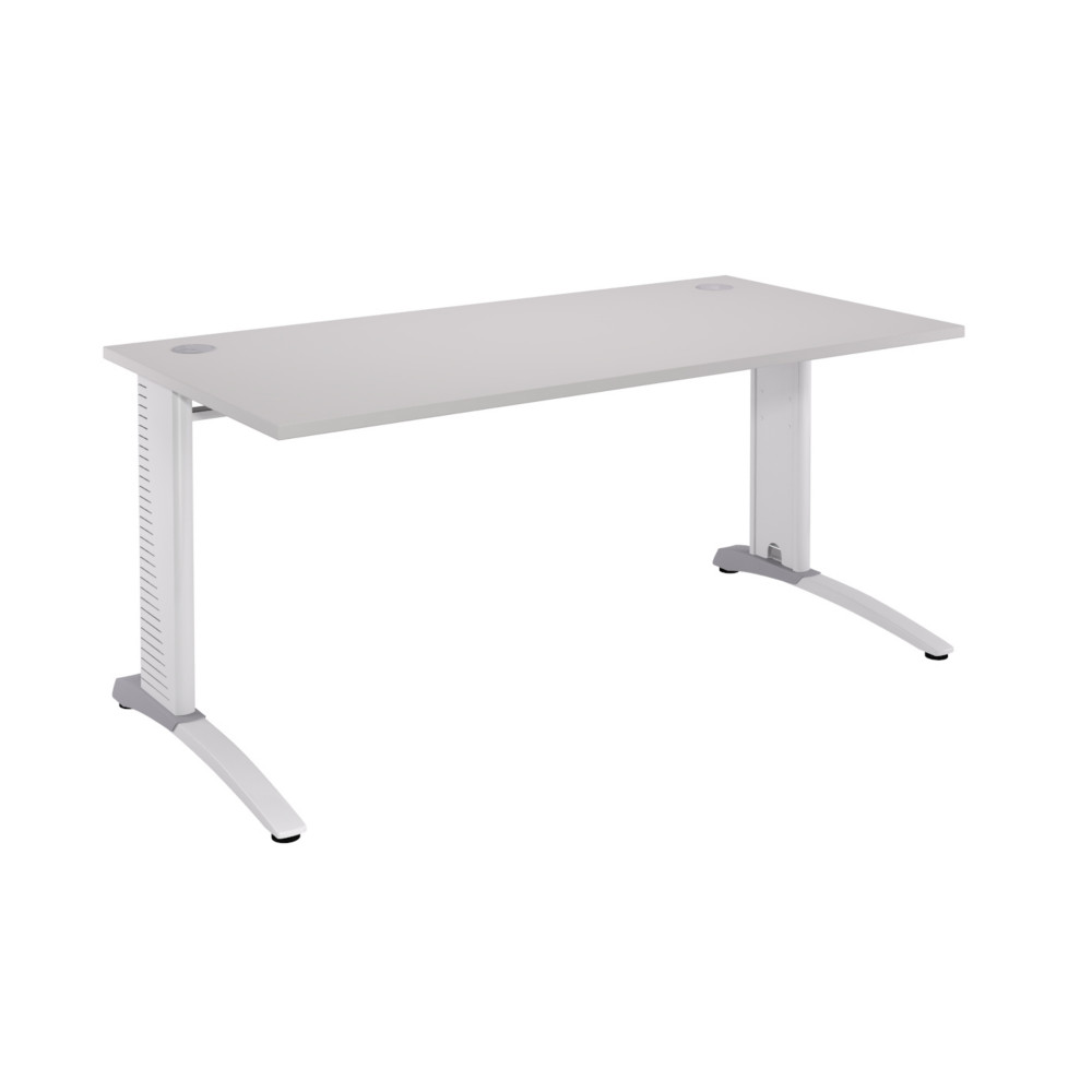 Bureau droit Biospace - L.160 x P.80 cm - Plateau Gris - Pieds Blanc - Embases Aluminium