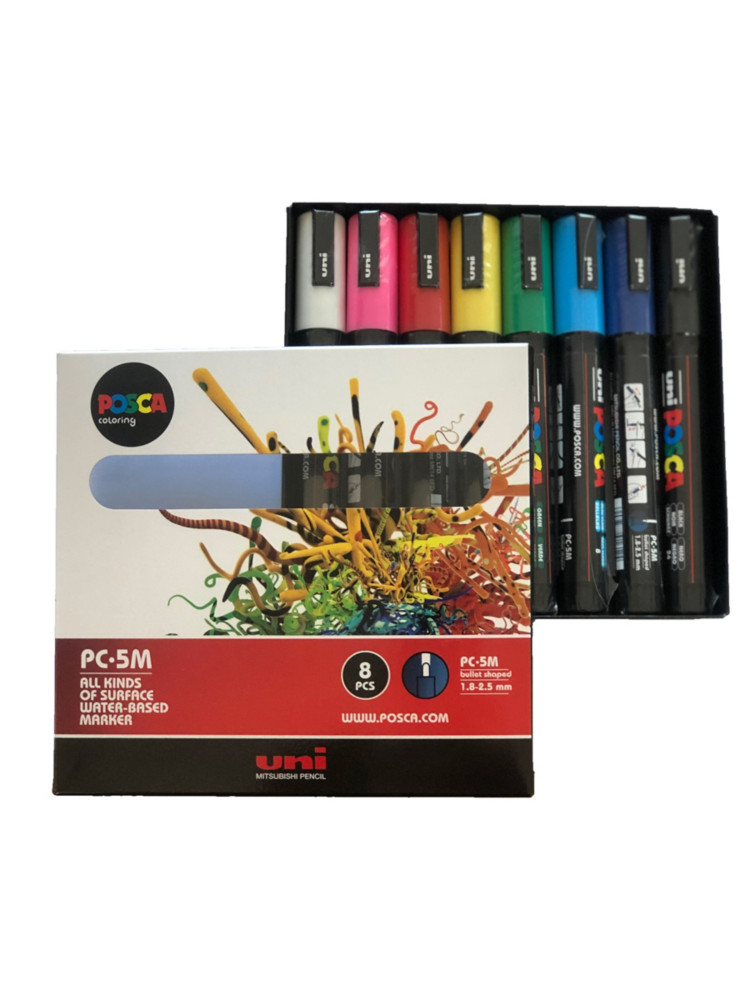 Uni Posca PC-5M Marqueur peinture Pointe conique 2,5 mm - Pochette de 8 coloris Assortis
