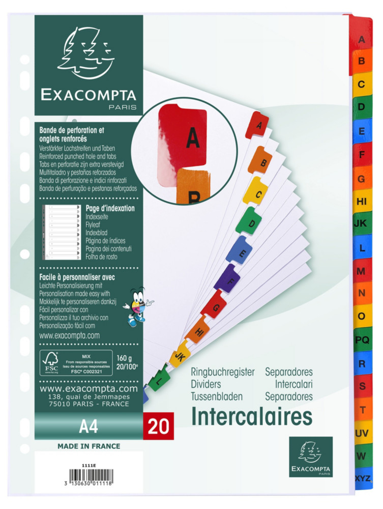 Exacompta Jeu d'intercalaires alphabtique 20 positions en carte blanche 170 g, onglets Mylar. Format A4.
