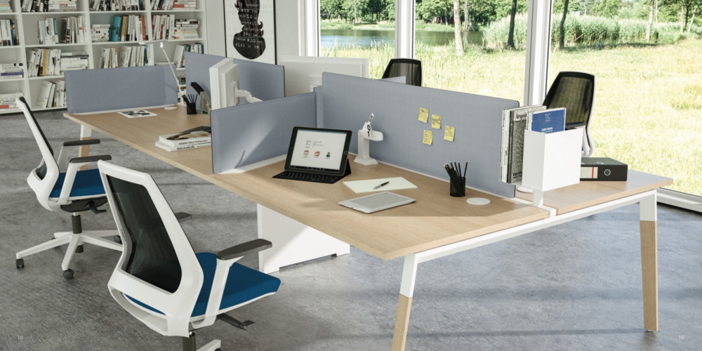 Panneau-cran  acoustique Moody pour bureau bench L.160 cm  Tissu Gris -  Fixation Blanche