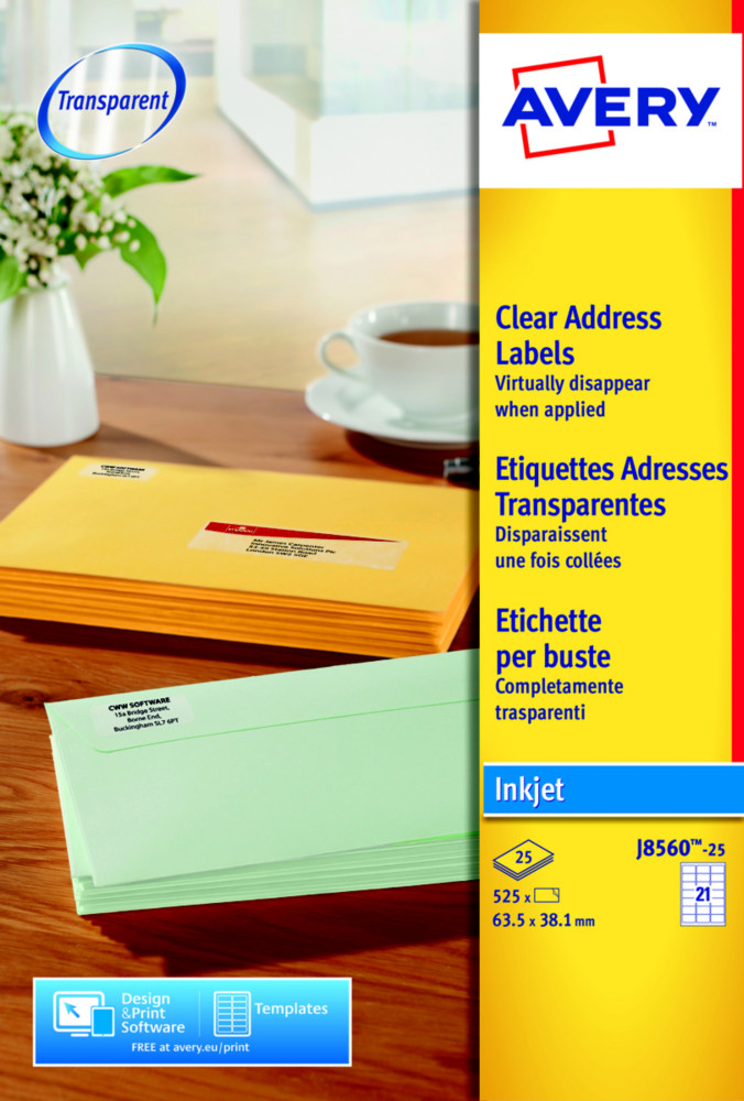 Avery J8560 Etiquettes d'expdition transparentes jet d'encre 63,5 x 38,1 mm - Bote de 525