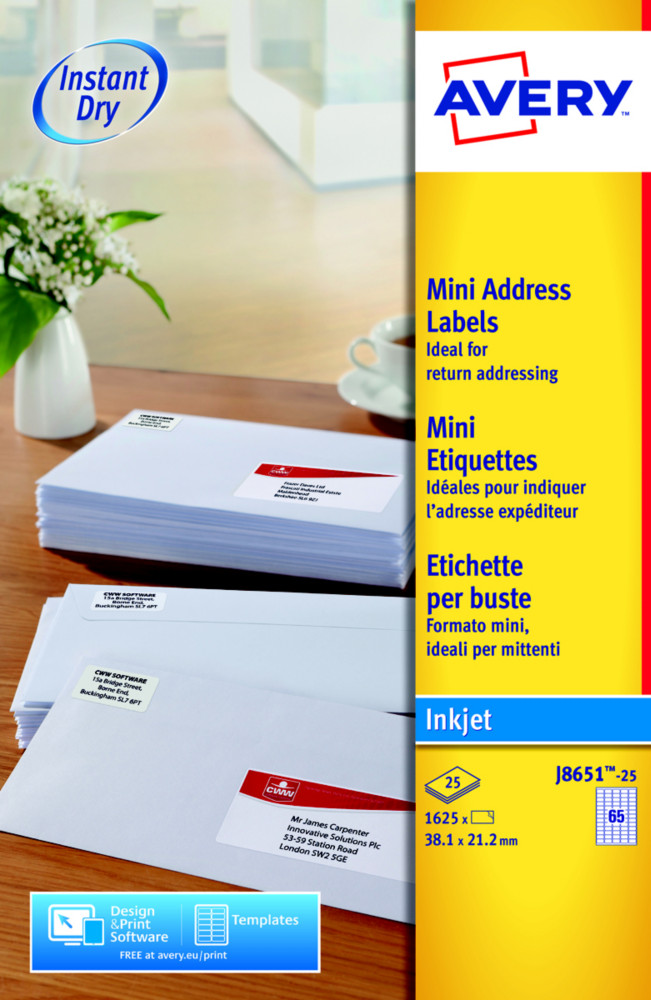 Avery J8651 Mini tiquettes adresses blanches jet d'encre 38,1x21,2mm - Bote de 1625