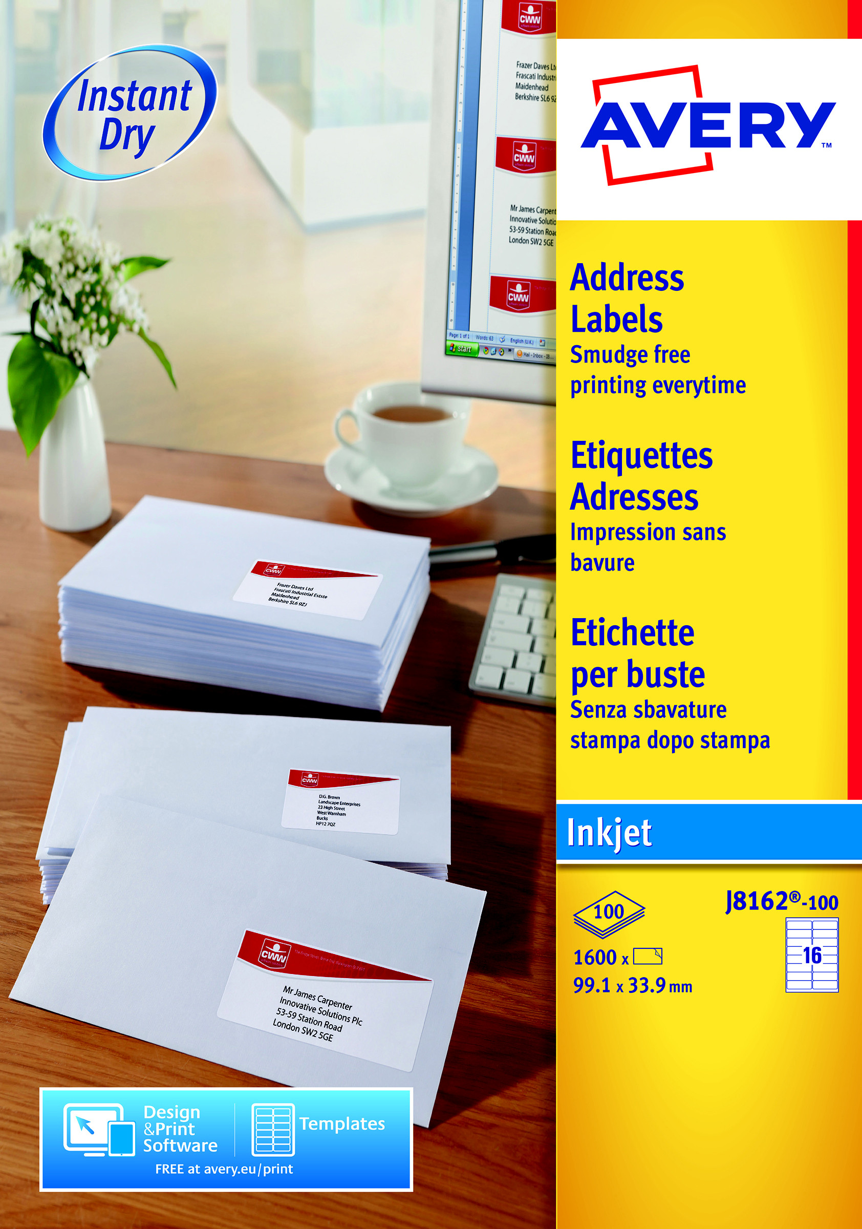 Avery J8162 Etiquettes adresses blanches jet d'encre 99,1 x 33,9 mm - Boîte de 1600