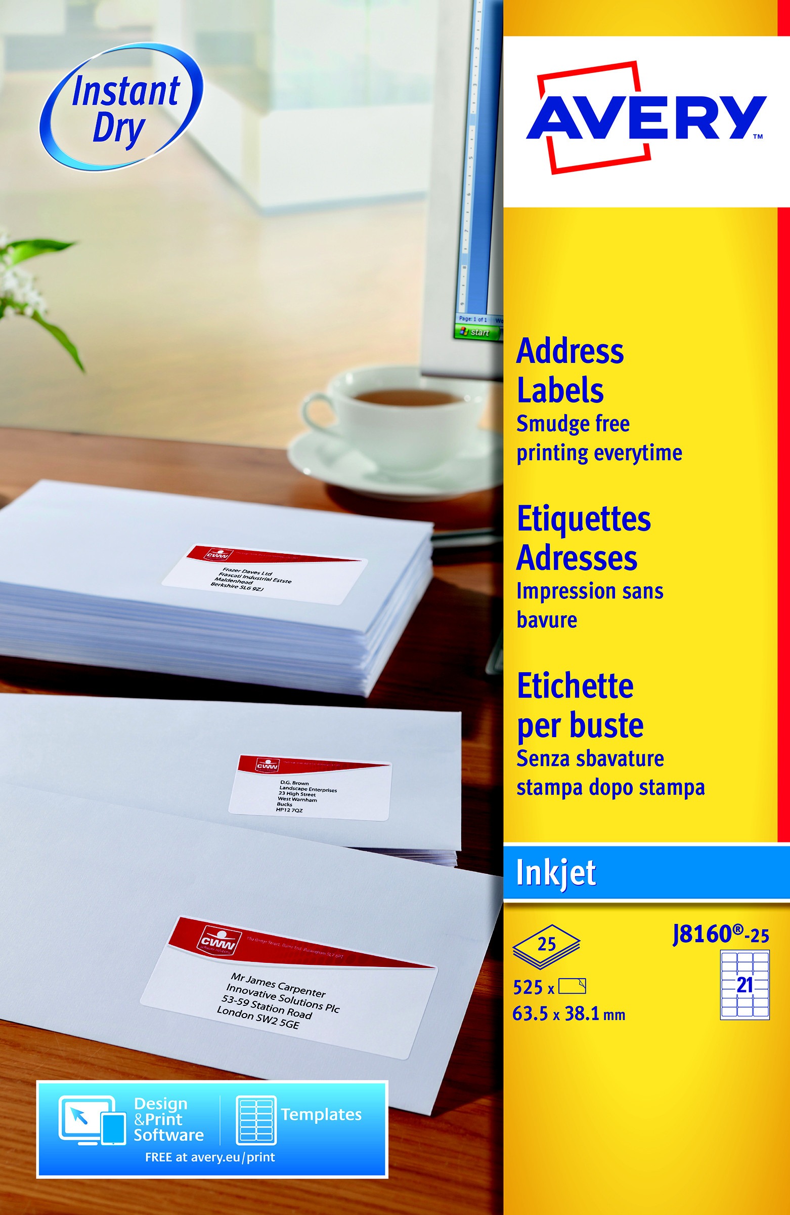 Avery J8160 Etiquettes adresses blanches jet d’encre 63,5 x 38,1 mm - Boîte de 525