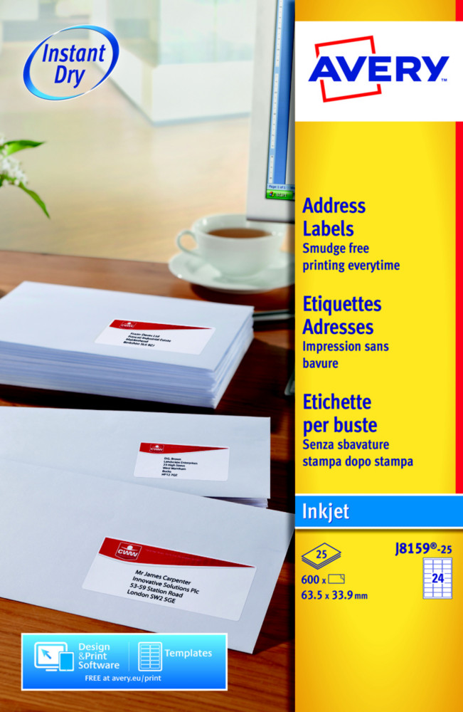 Avery J8159 Etiquettes adresses blanches jet d'encre 63,5 x 33,9 mm - Bote de 600