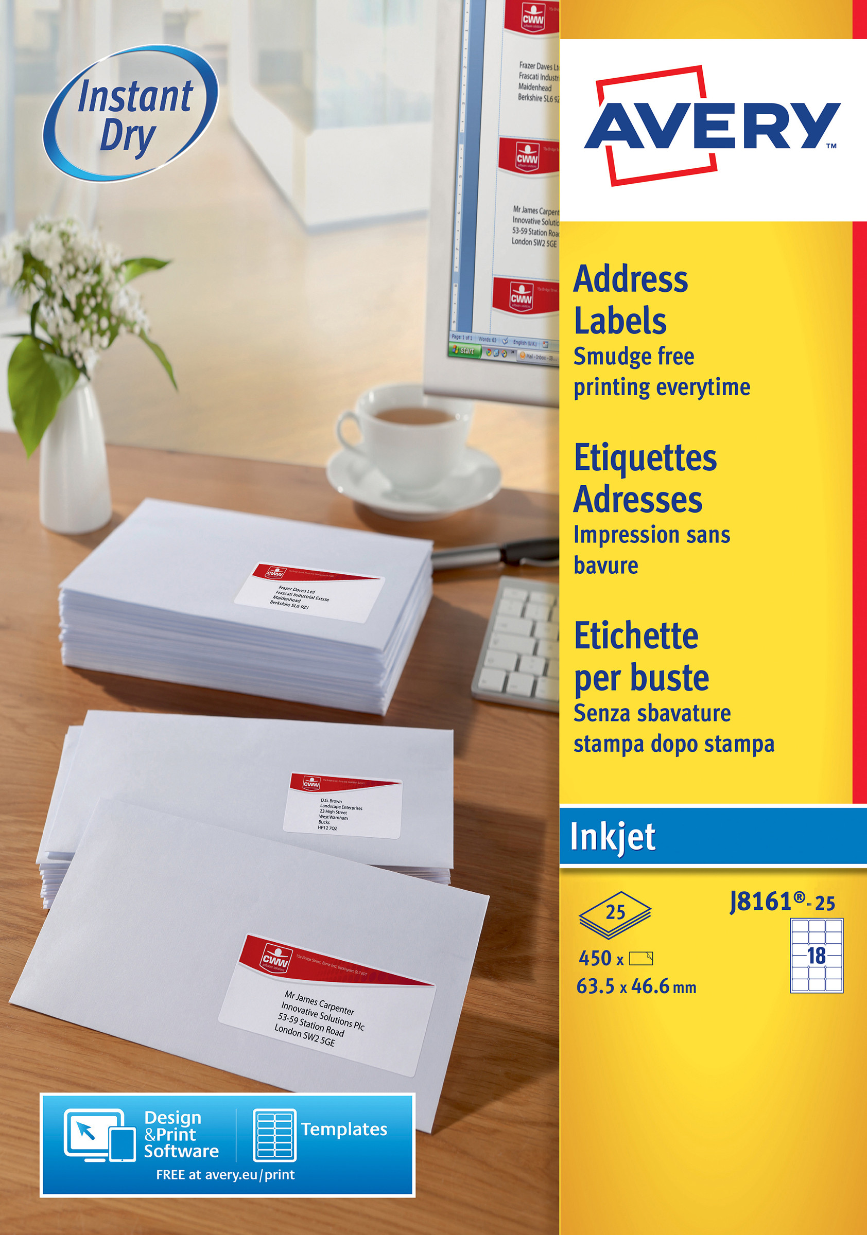 Avery J8161 Etiquettes adresses blanches jet d’encre 63,5 x 46,6 mm - Boîte de 450