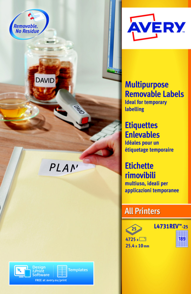 Avery L4731REV Etiquettes enlevables blanches 25,4 x 10 mm - Bote de 4725