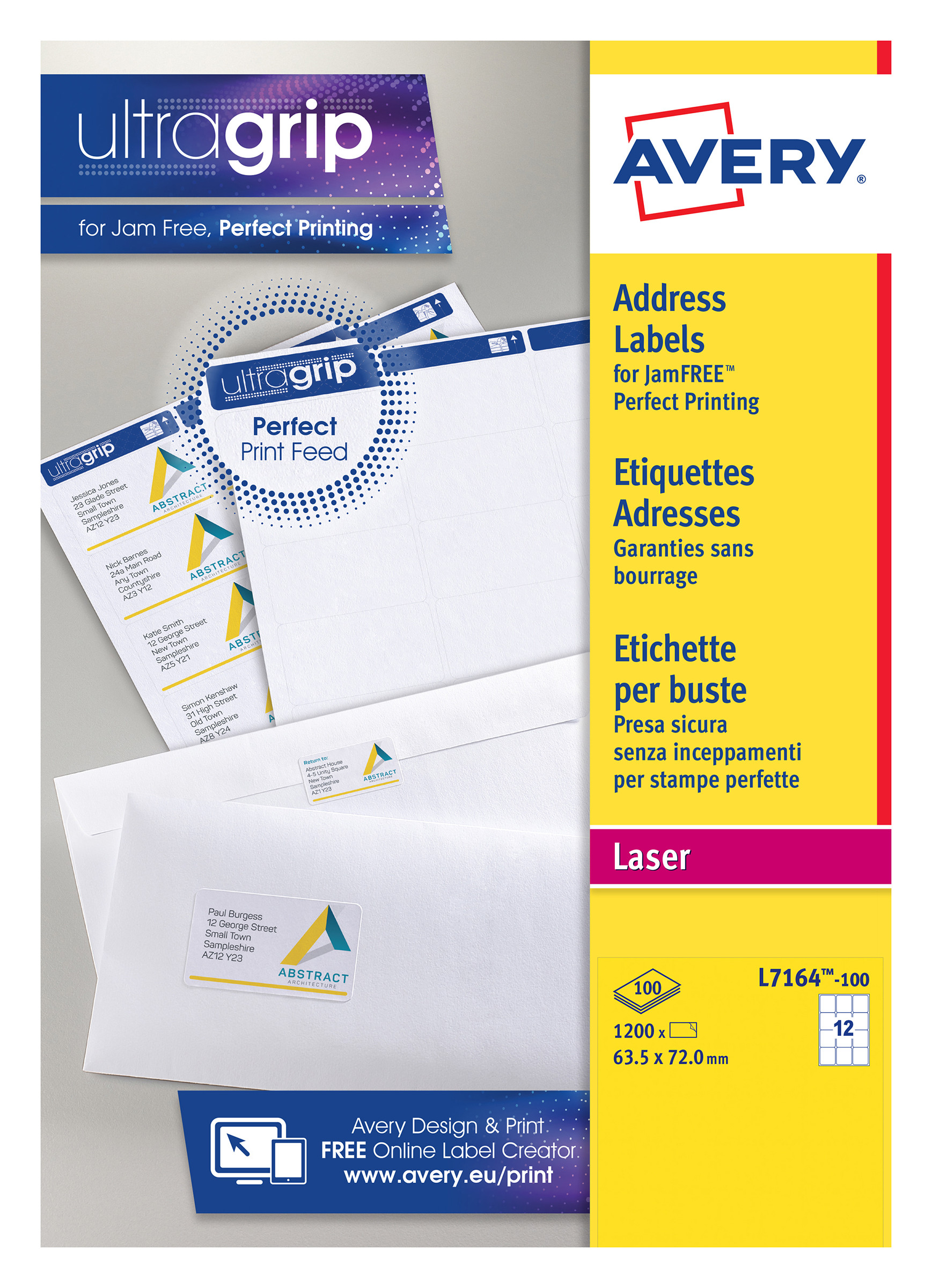 Avery L7164 Etiquettes adresses blanches laser 63,5 x 72 mm - Boîte de 1200