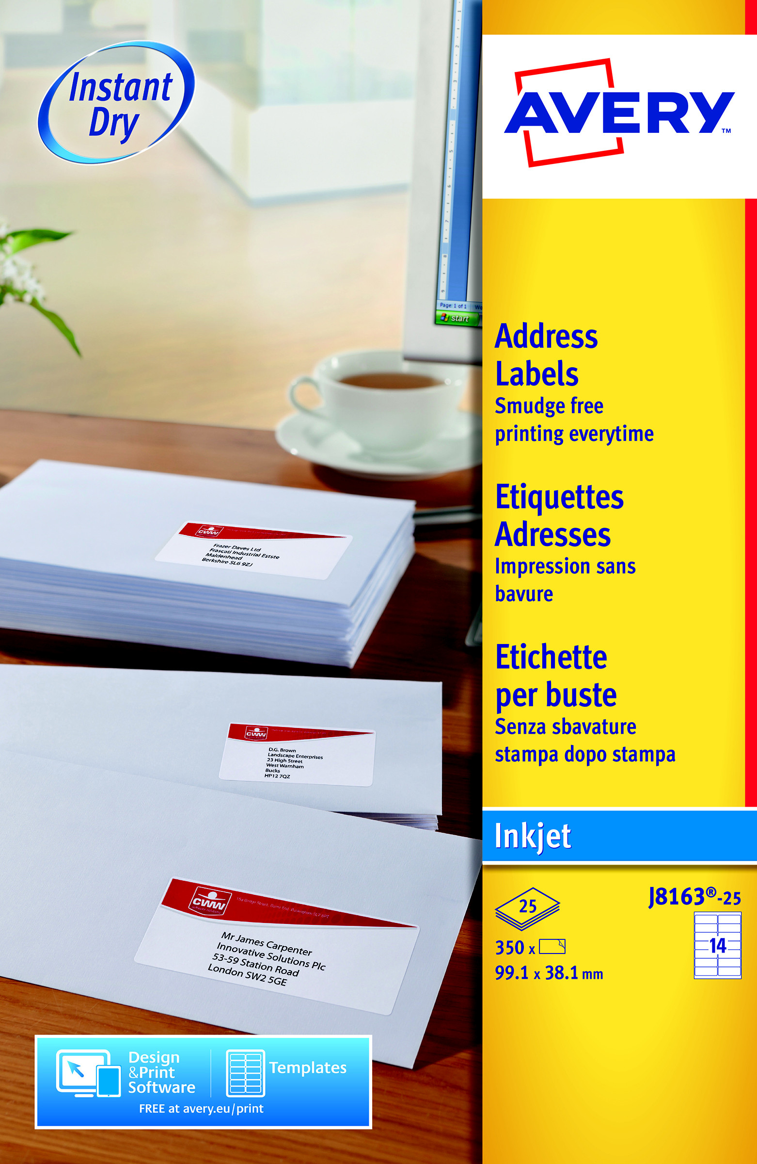 Avery J8163 Etiquettes adresses blanches jet d’encre 99,1 x 38,1 mm - Boîte de 350