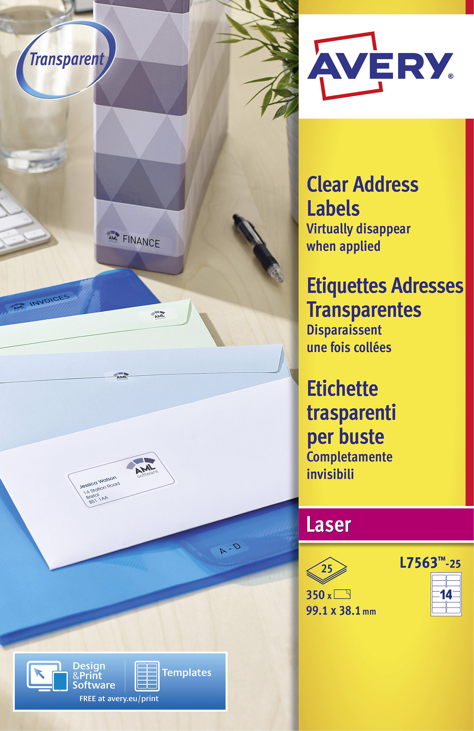 Avery L7563 Etiquettes adresses transparentes laser 99,1 x 38,1 mm - Boîte de 350