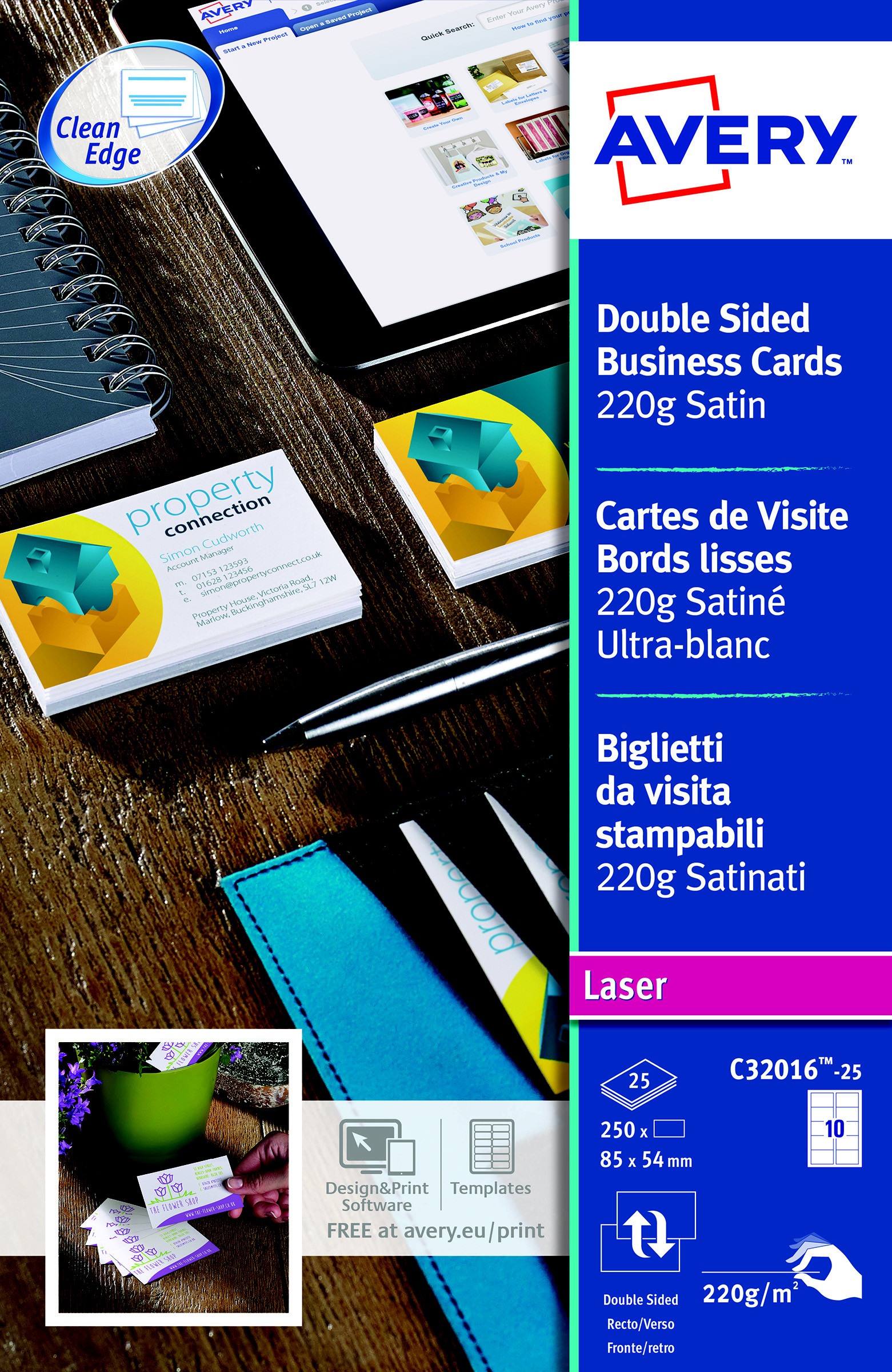 Avery C32016-25 - Cartes de visite blanches à bords lisses - 85 x 54 mm - Impression laser