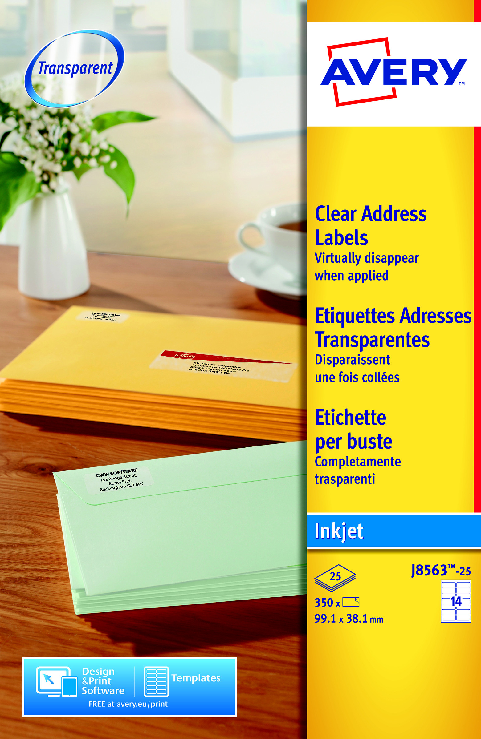 Avery J8563 Etiquettes d'expédition transparentes jet d'encre 99,1 x 38,1 mm - Boîte de 350