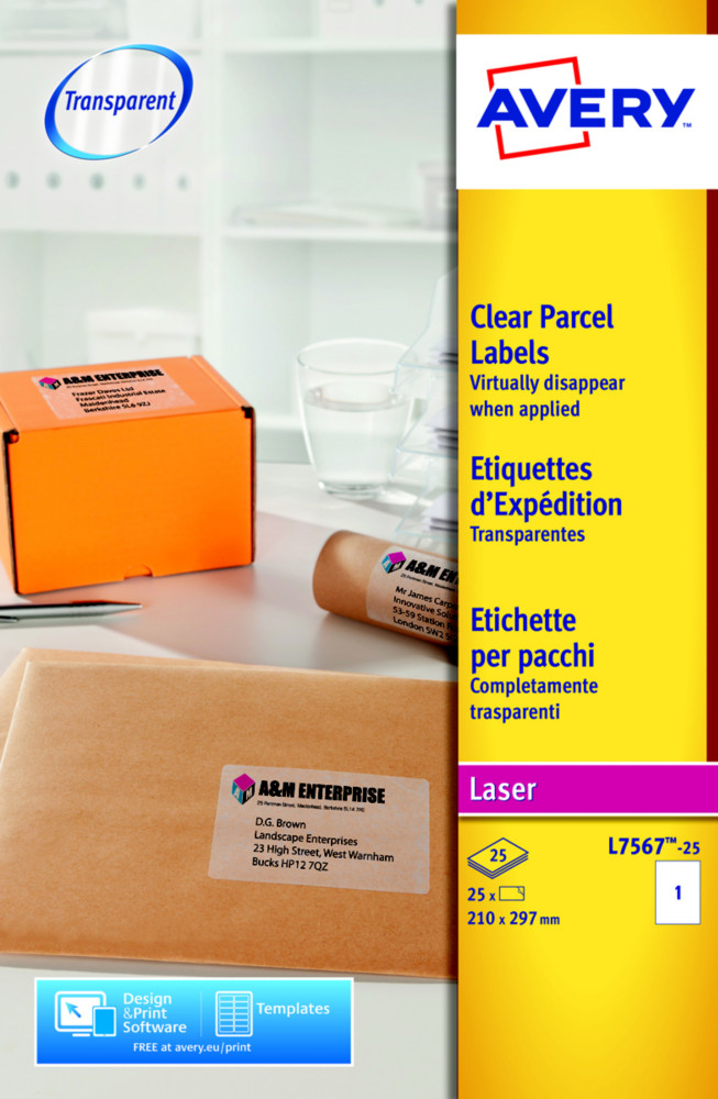 Avery L7567 Etiquettes adresses transparentes laser A4 210 x 297 mm - Bote de 25