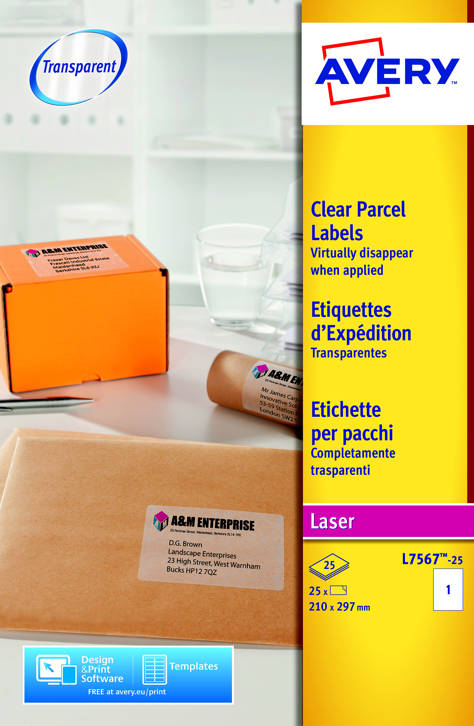 Avery L7567 Etiquettes adresses transparentes laser A4 210 x 297 mm - Boîte de 25