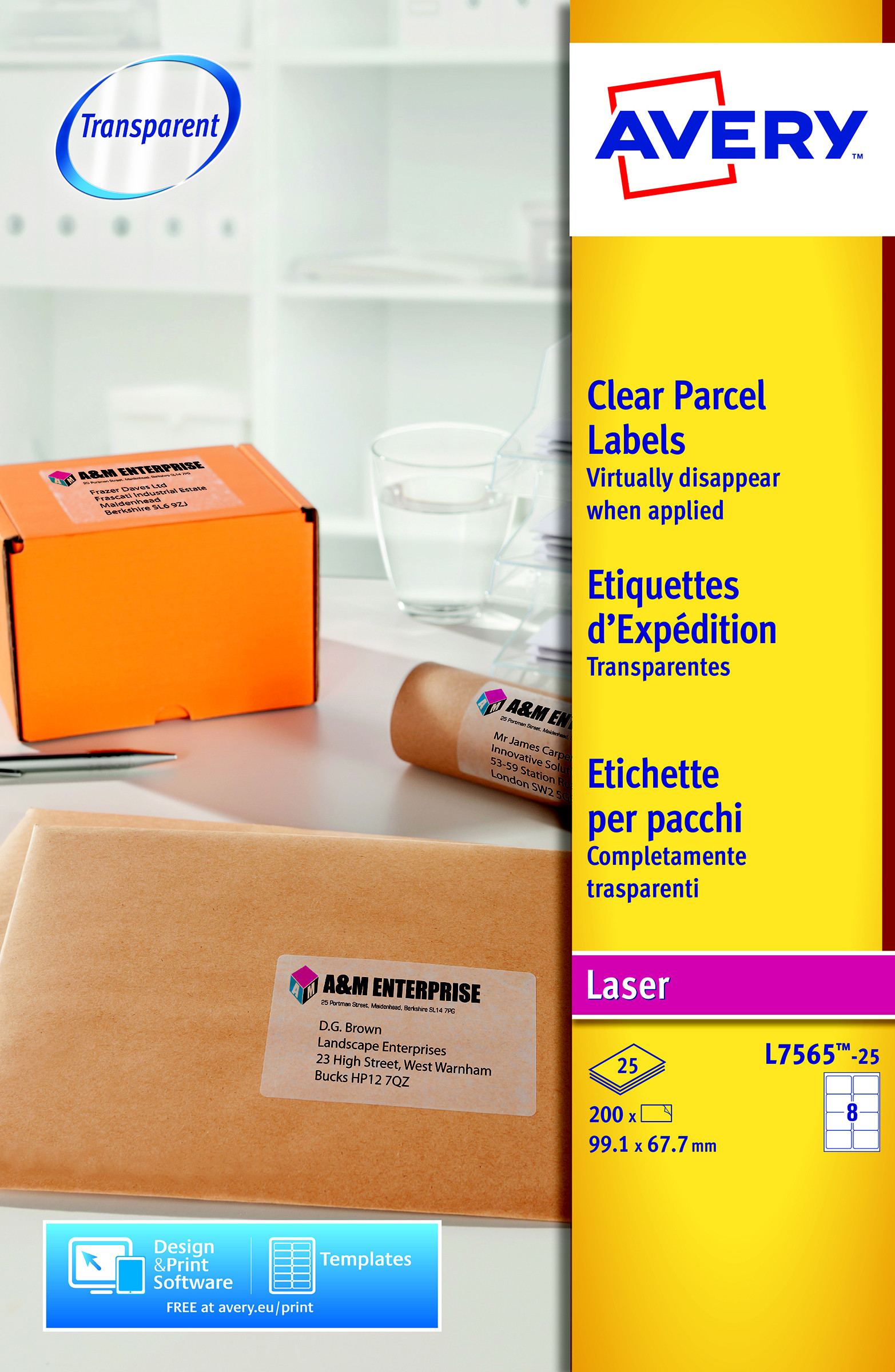 Avery L7565 Etiquettes adresses transparentes laser 99,1 x 67,7 mm - Boîte de 200