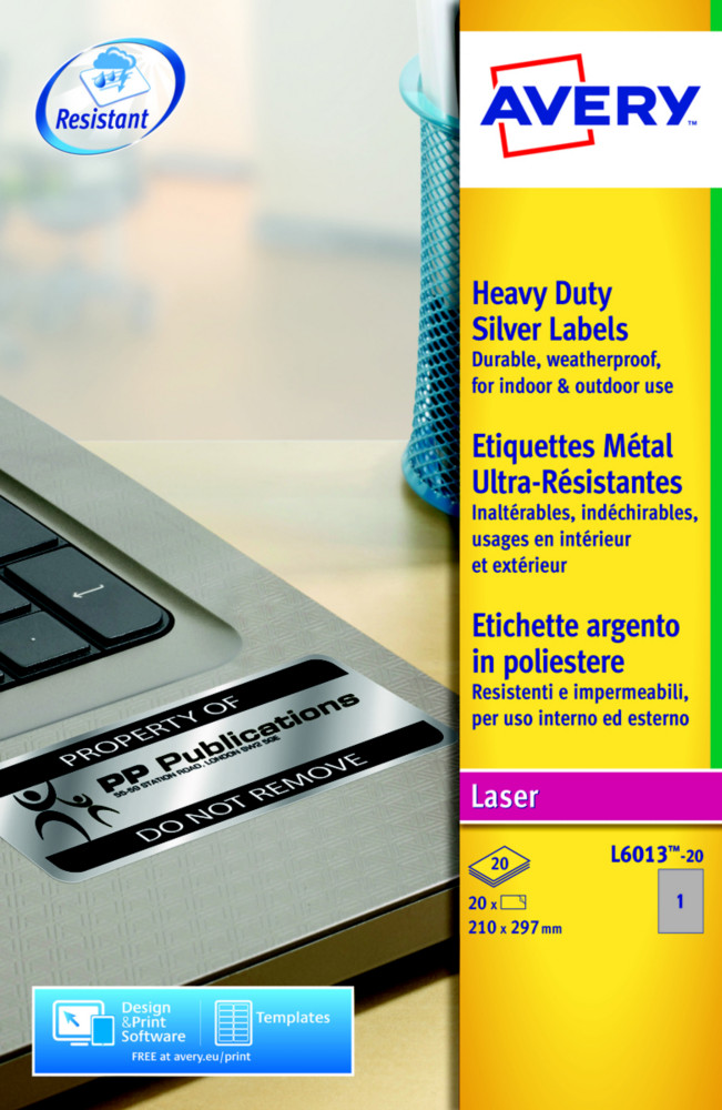 Avery L6013 Etiquettes ultra-rsistantes mtal argent laser - polyester - A4 210 x 297mm - Bote de 20