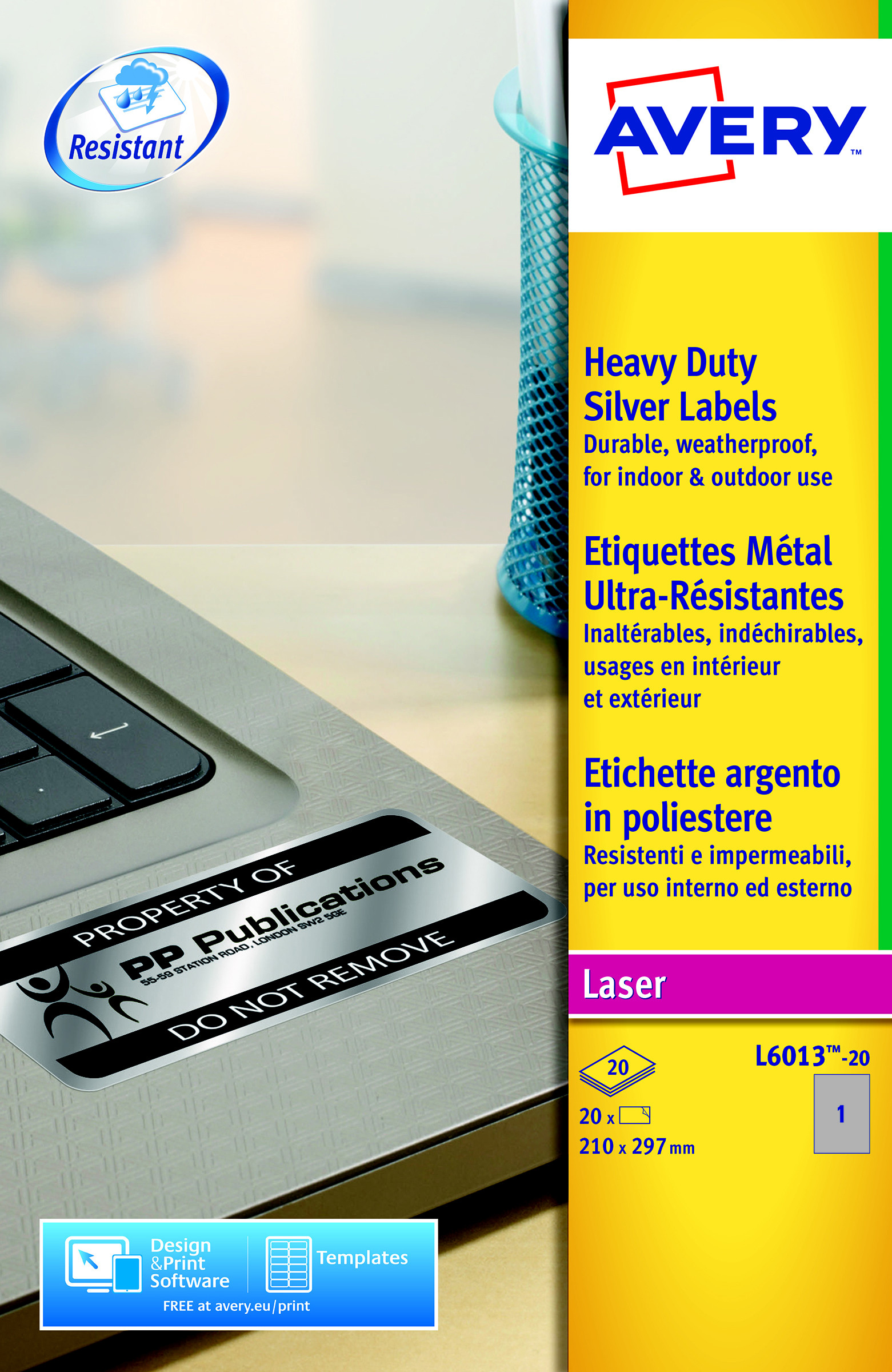 Avery L6013 Etiquettes ultra-résistantes métal argent laser - polyester - A4 210 x 297 mm - Boîte de 20