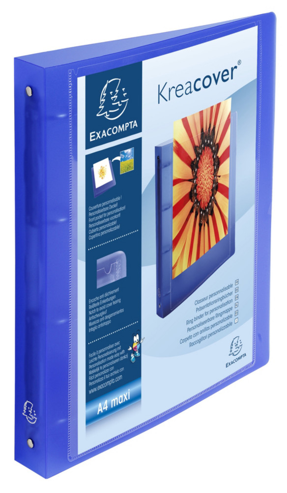 Exacompta Classeur souple 4 anneaux 30 mm Kreacover personnalisable A4 polypropylne translucide - Dos 4 cm - Bleu
