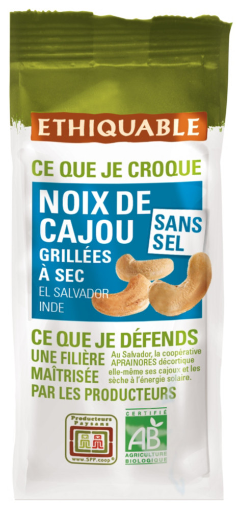 Ethiquable Noix de cajou Bio et quitable grilles sans sel - Sachet de 100 g