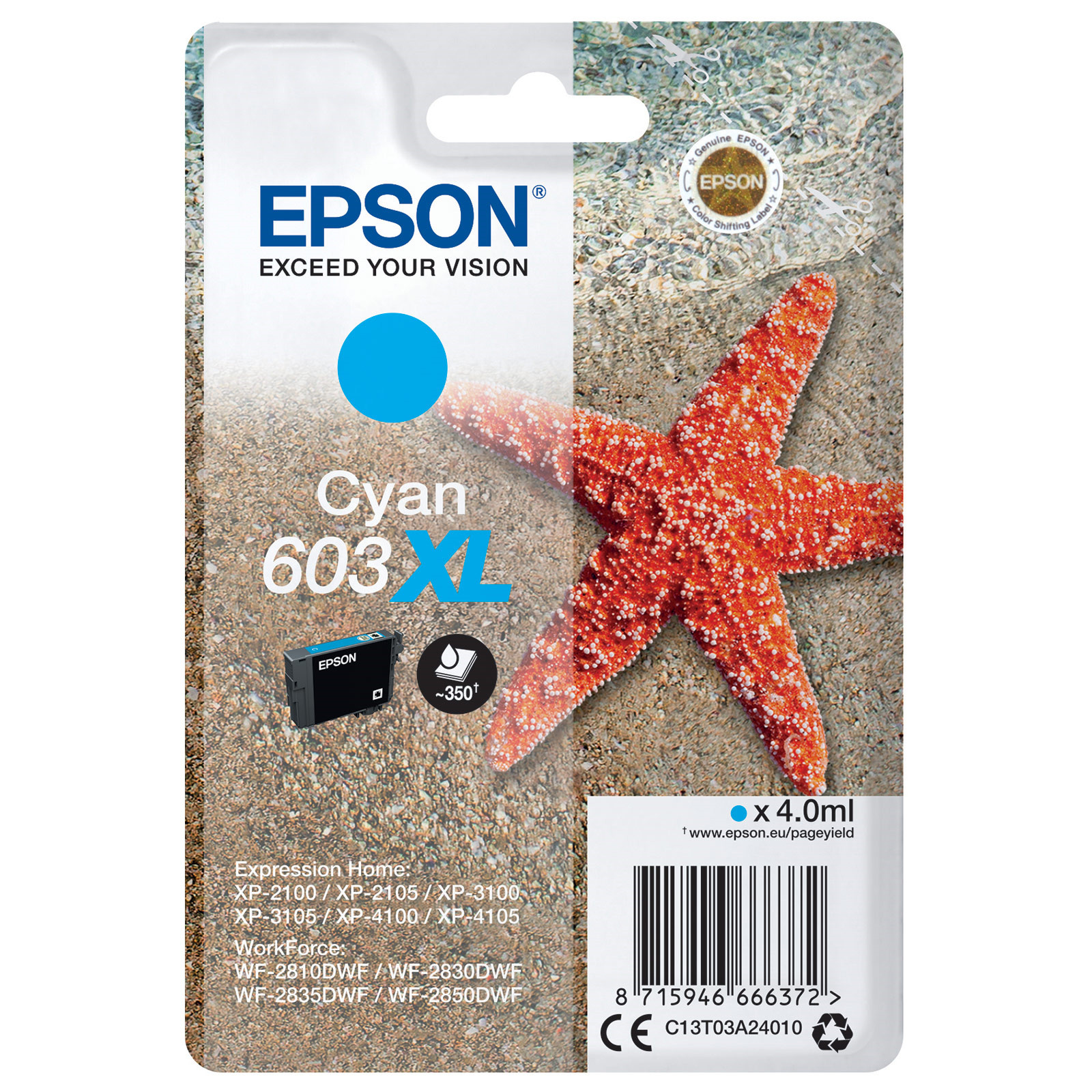 Epson 603 XL ''Étoile de mer'' Cartouche d'encre originale grande capacité C13T03A24010 - Cyan