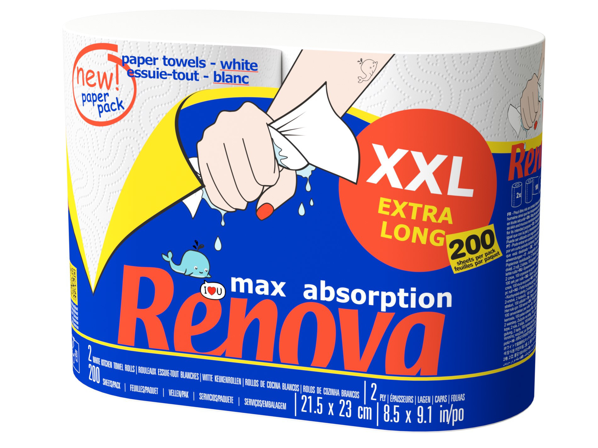 Renova Essuie-tout Maxi absorption double épaisseur - Lot de 2 rouleaux XXL de 100 feuilles - Blanc