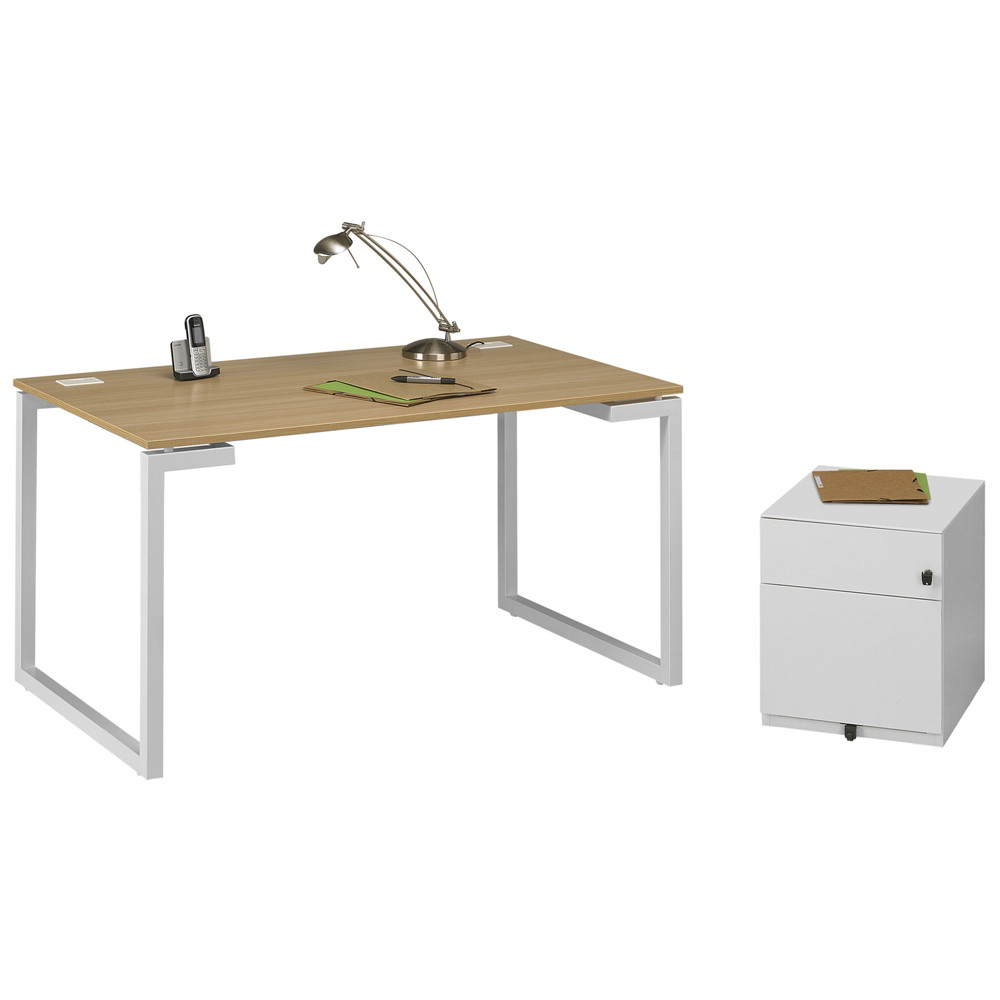 Pack bureau droit Vitaly L.120 x P.60 cm Chne pieds Blanc + Caisson mobile mtal 2 tiroirs Blanc